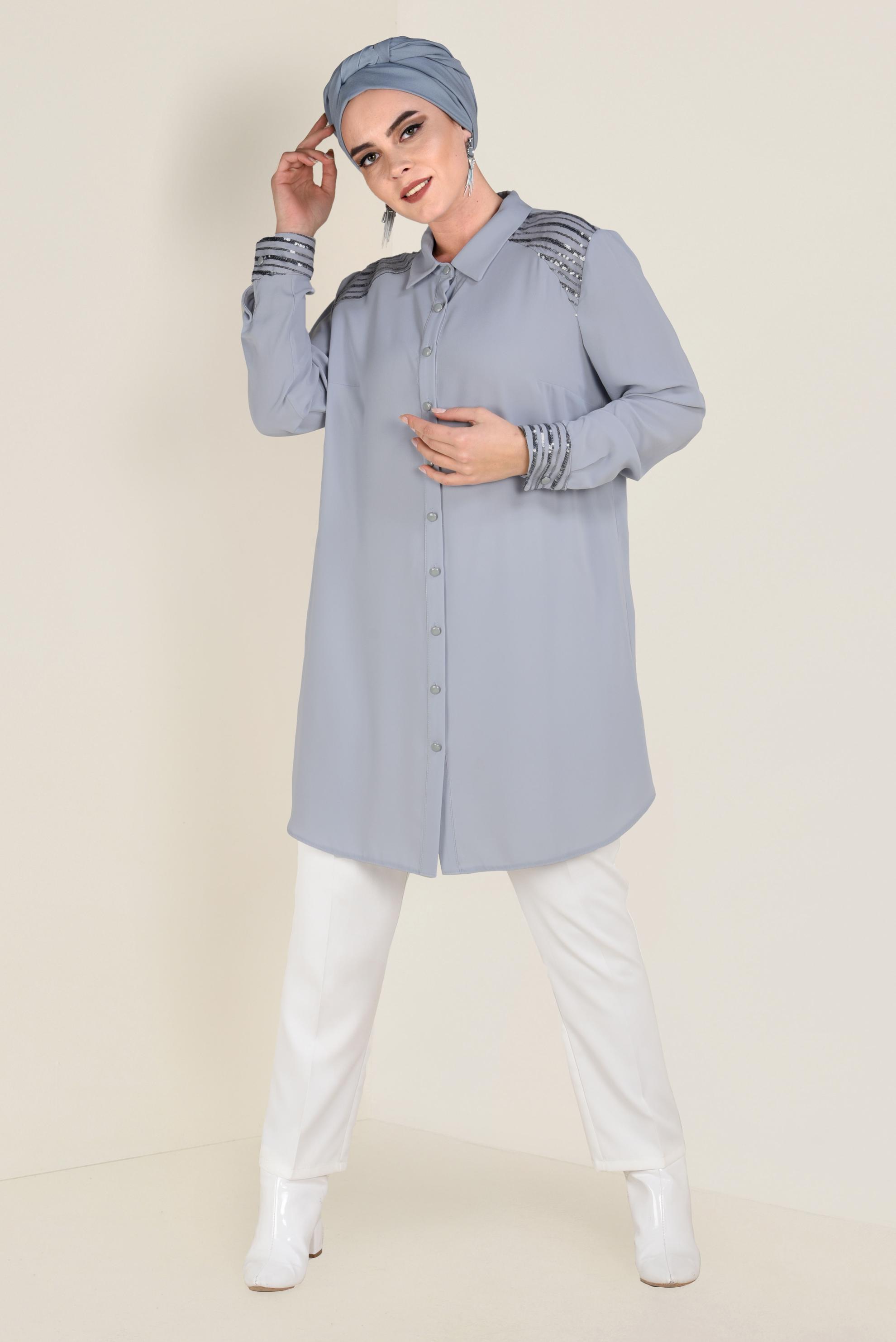 Tesettür giyim GRİ PUL PAYET DETAYLI DÜĞMELİ TUNİK 2826 