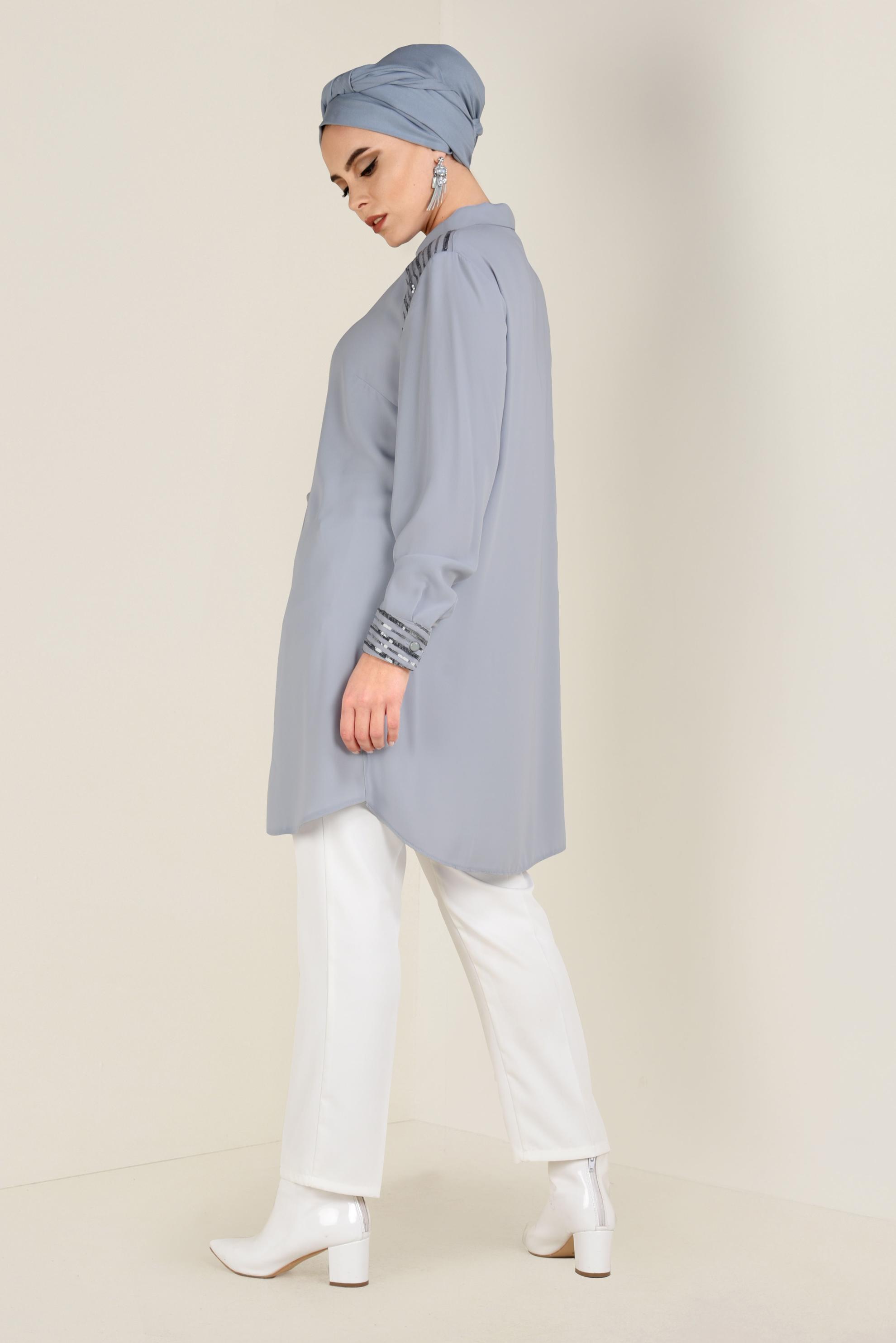 Tesettür giyim GRİ PUL PAYET DETAYLI DÜĞMELİ TUNİK 2826 