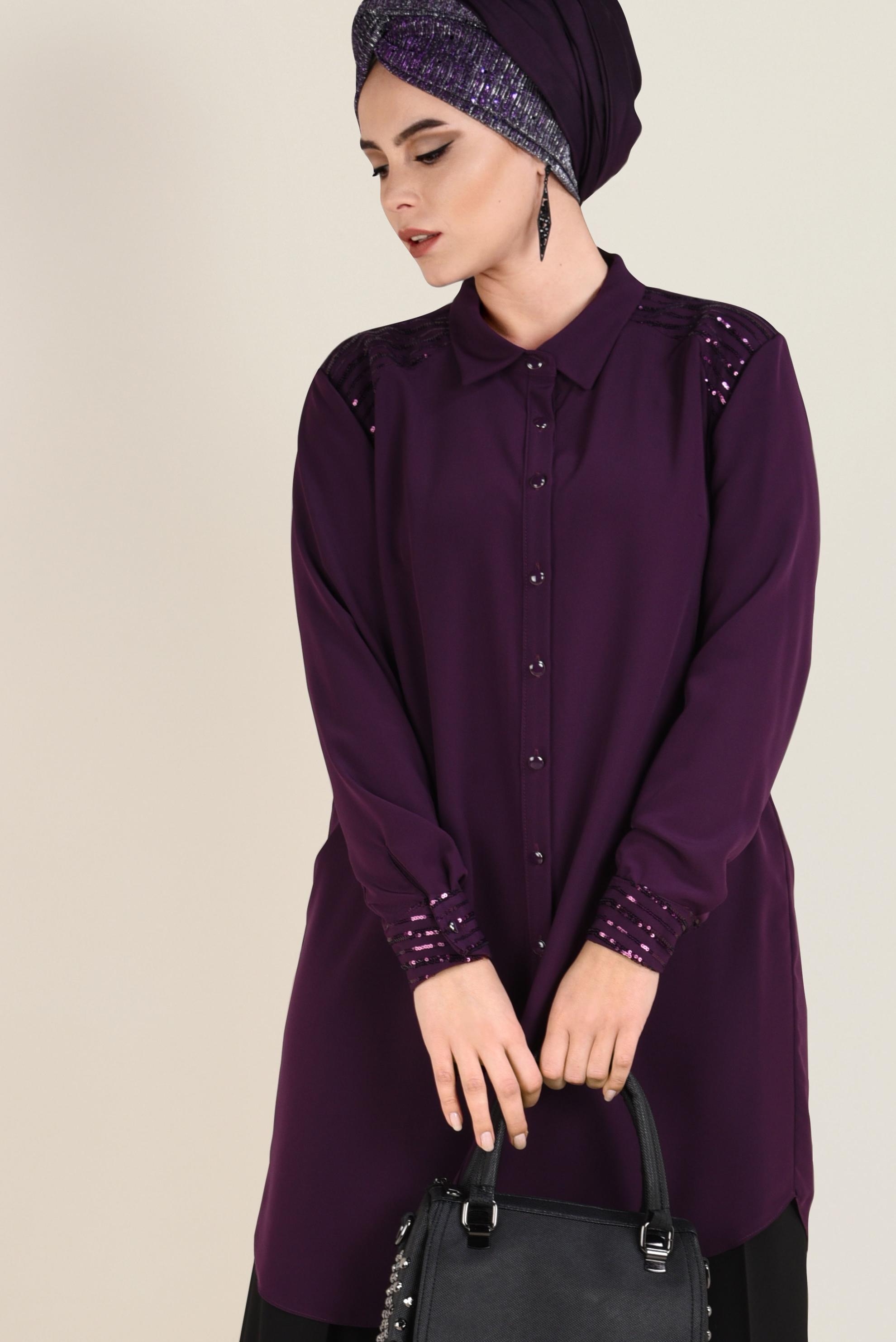 Tesettür giyim MOR PUL PAYET DETAYLI DÜĞMELİ TUNİK 2826 