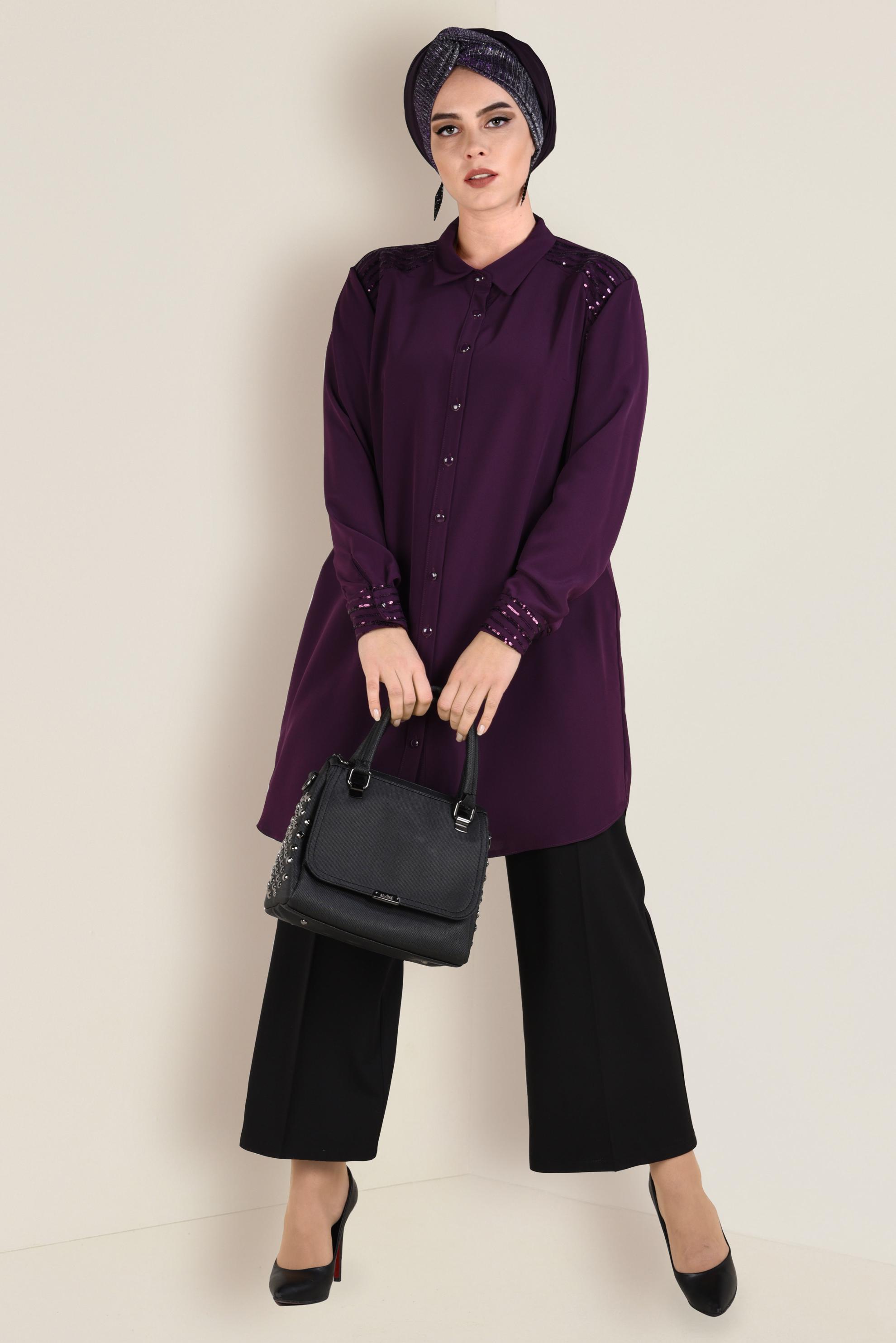 Tesettür giyim MOR PUL PAYET DETAYLI DÜĞMELİ TUNİK 2826 