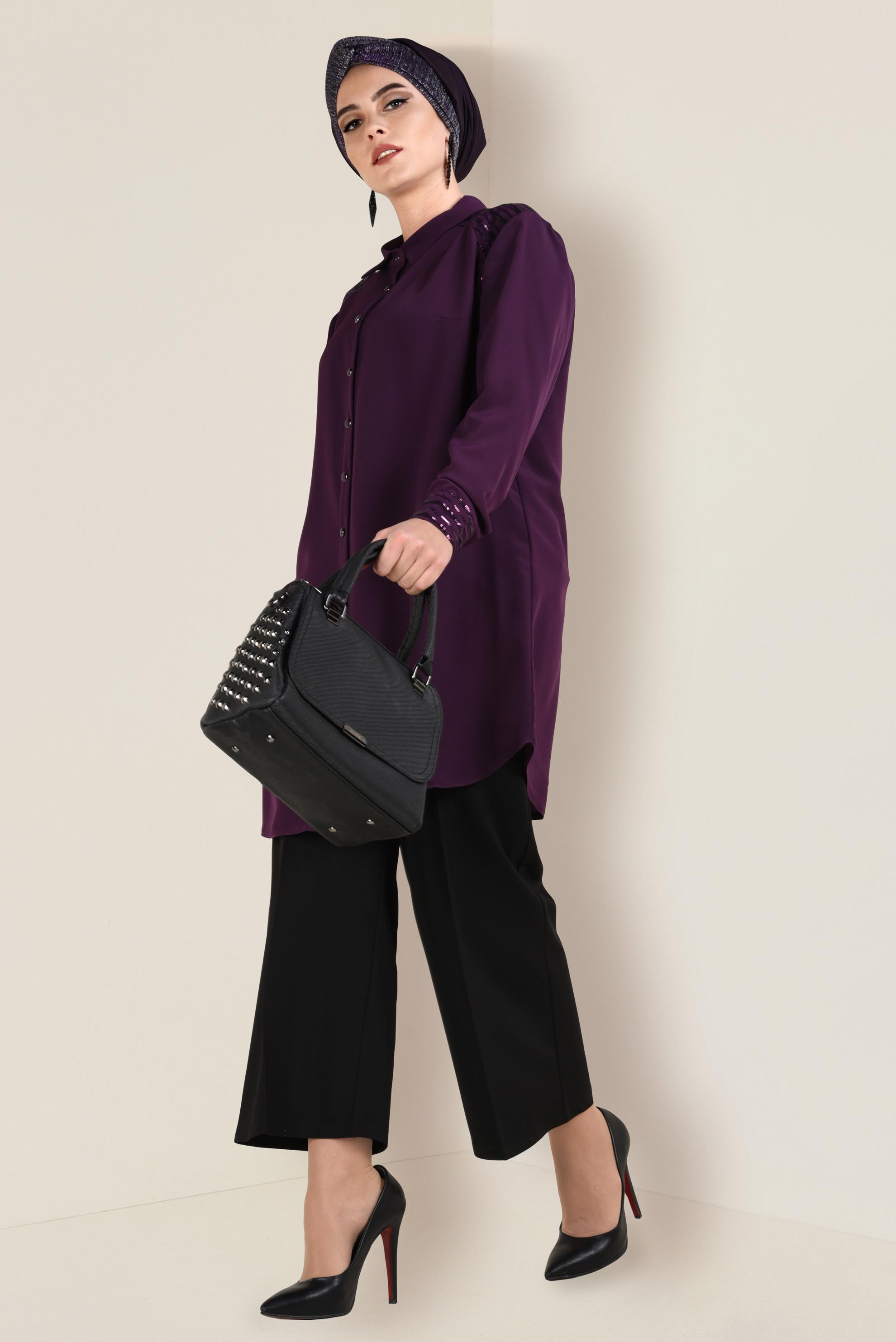 Tesettür giyim MOR PUL PAYET DETAYLI DÜĞMELİ TUNİK 2826 