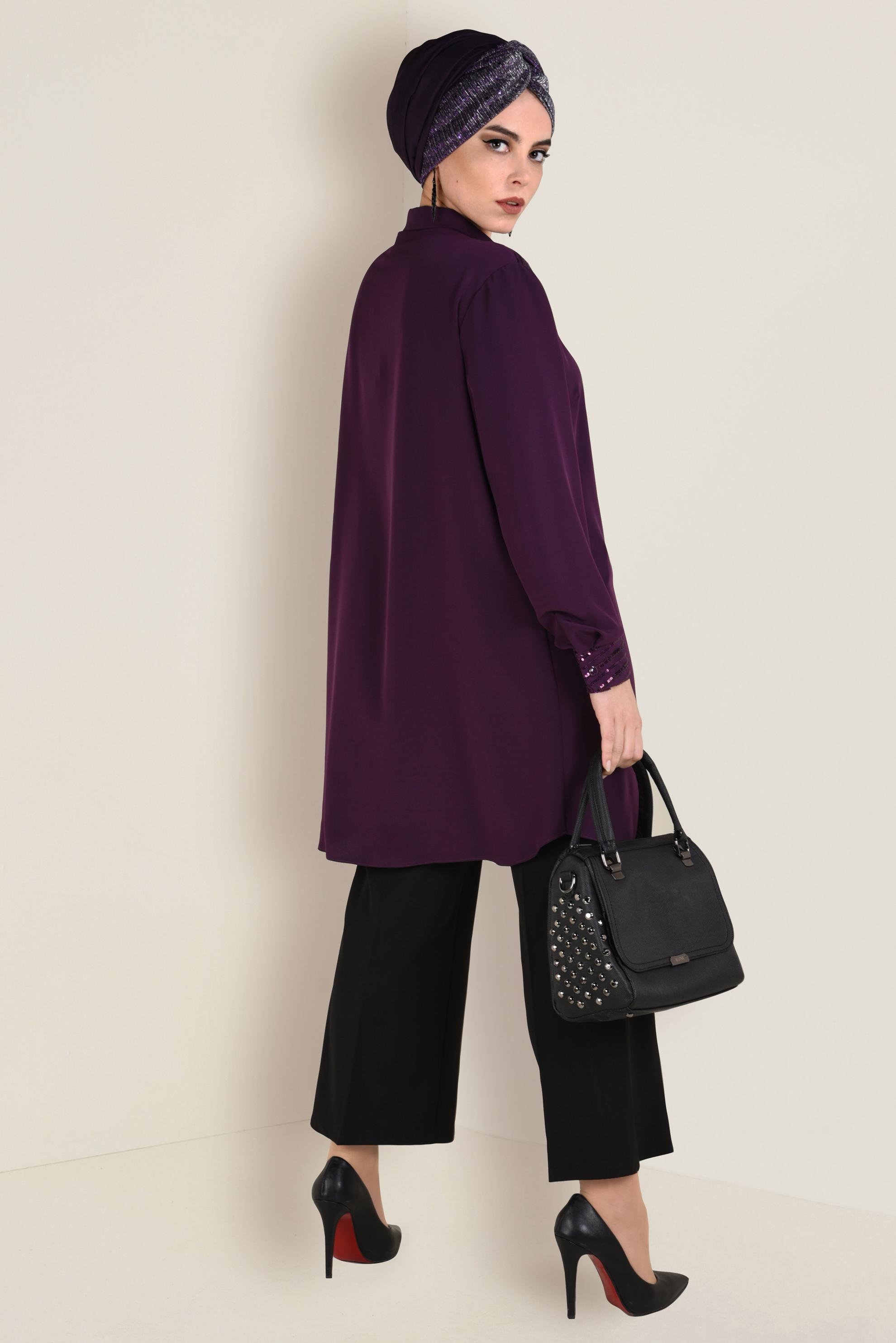 Tesettür giyim MOR PUL PAYET DETAYLI DÜĞMELİ TUNİK 2826 