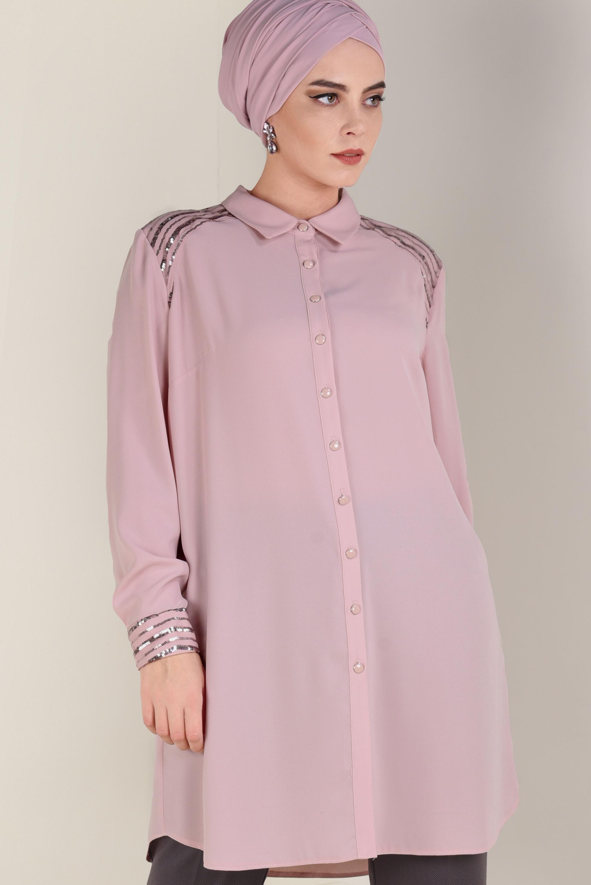 Tesettür giyim PUDRA PUL PAYET DETAYLI DÜĞMELİ TUNİK 2826 
