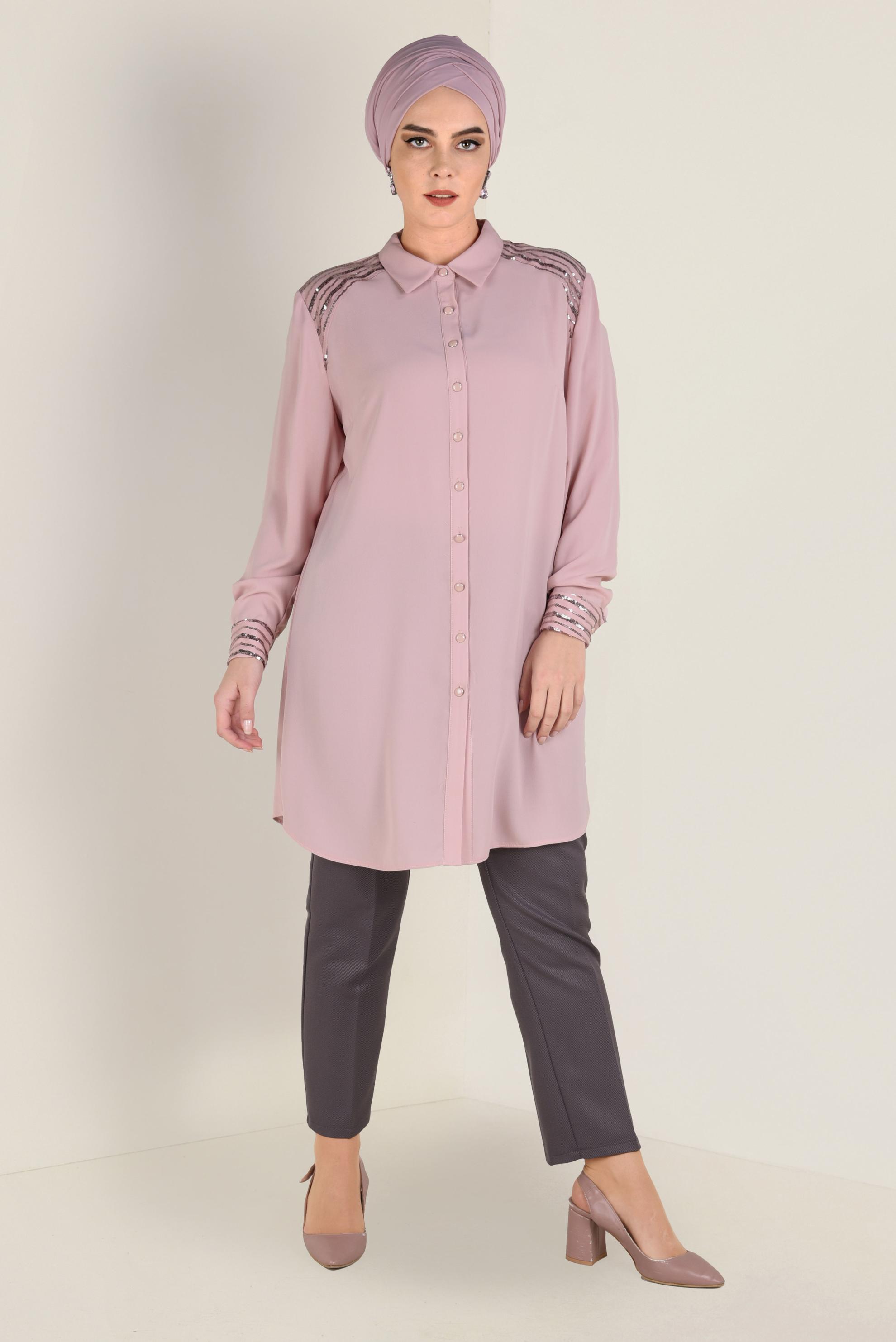 Tesettür giyim PUDRA PUL PAYET DETAYLI DÜĞMELİ TUNİK 2826 