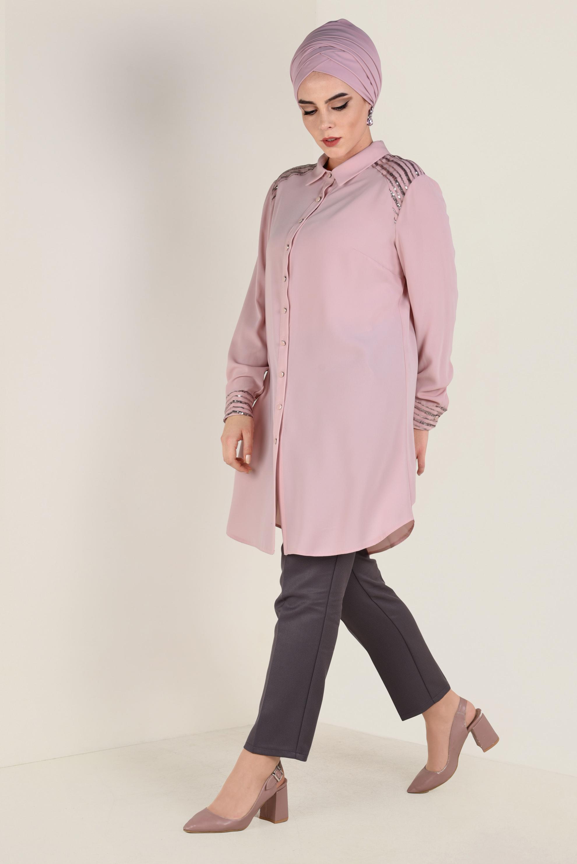 Tesettür giyim PUDRA PUL PAYET DETAYLI DÜĞMELİ TUNİK 2826 