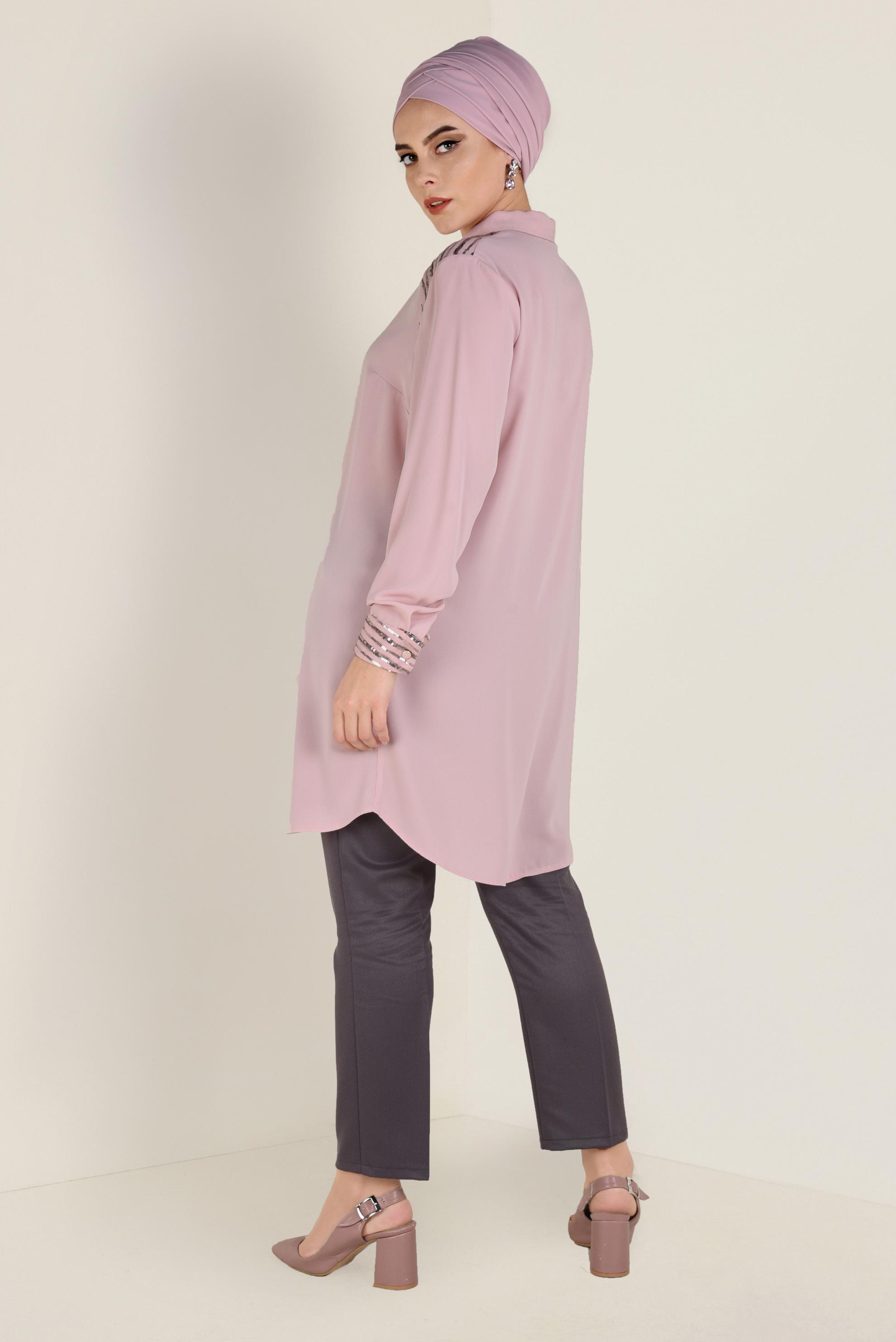 Tesettür giyim PUDRA PUL PAYET DETAYLI DÜĞMELİ TUNİK 2826 
