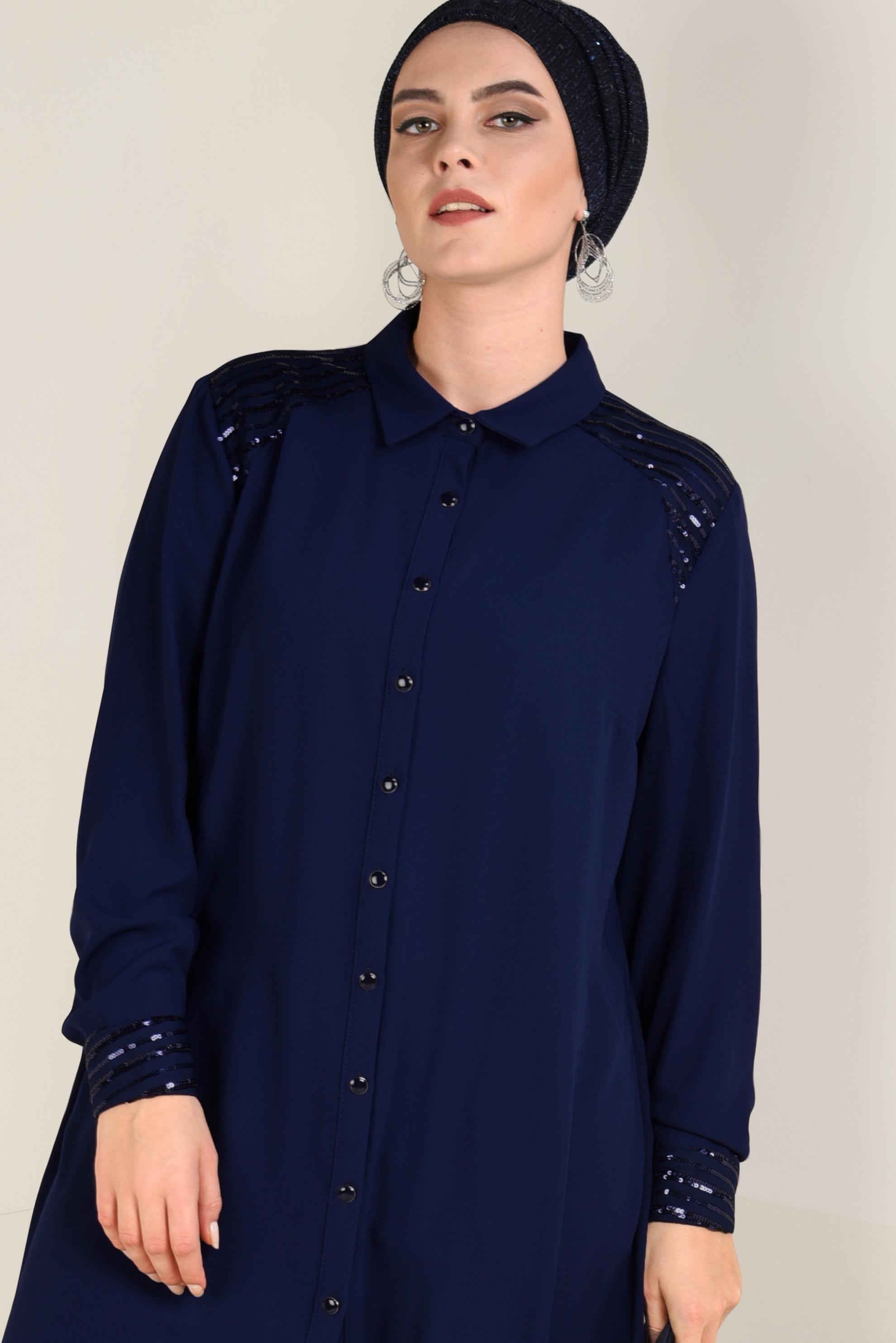Tesettür giyim LACİVERT PUL PAYET DETAYLI DÜĞMELİ TUNİK 2826 