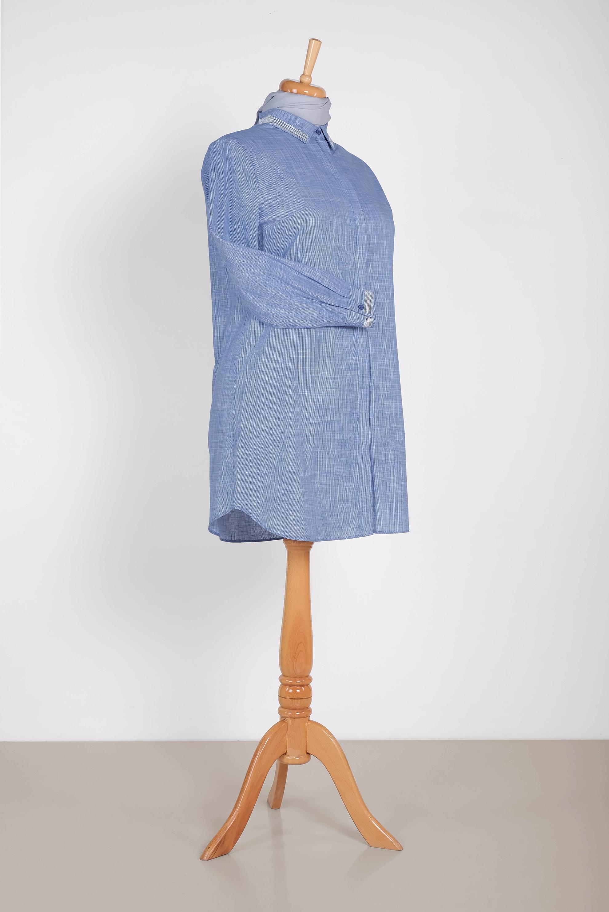 Tesettür giyim LACİVERT MANŞET VE YAKASI PUL DETAYLI GİZLİ DÜĞMELİ TUNİK 2886 