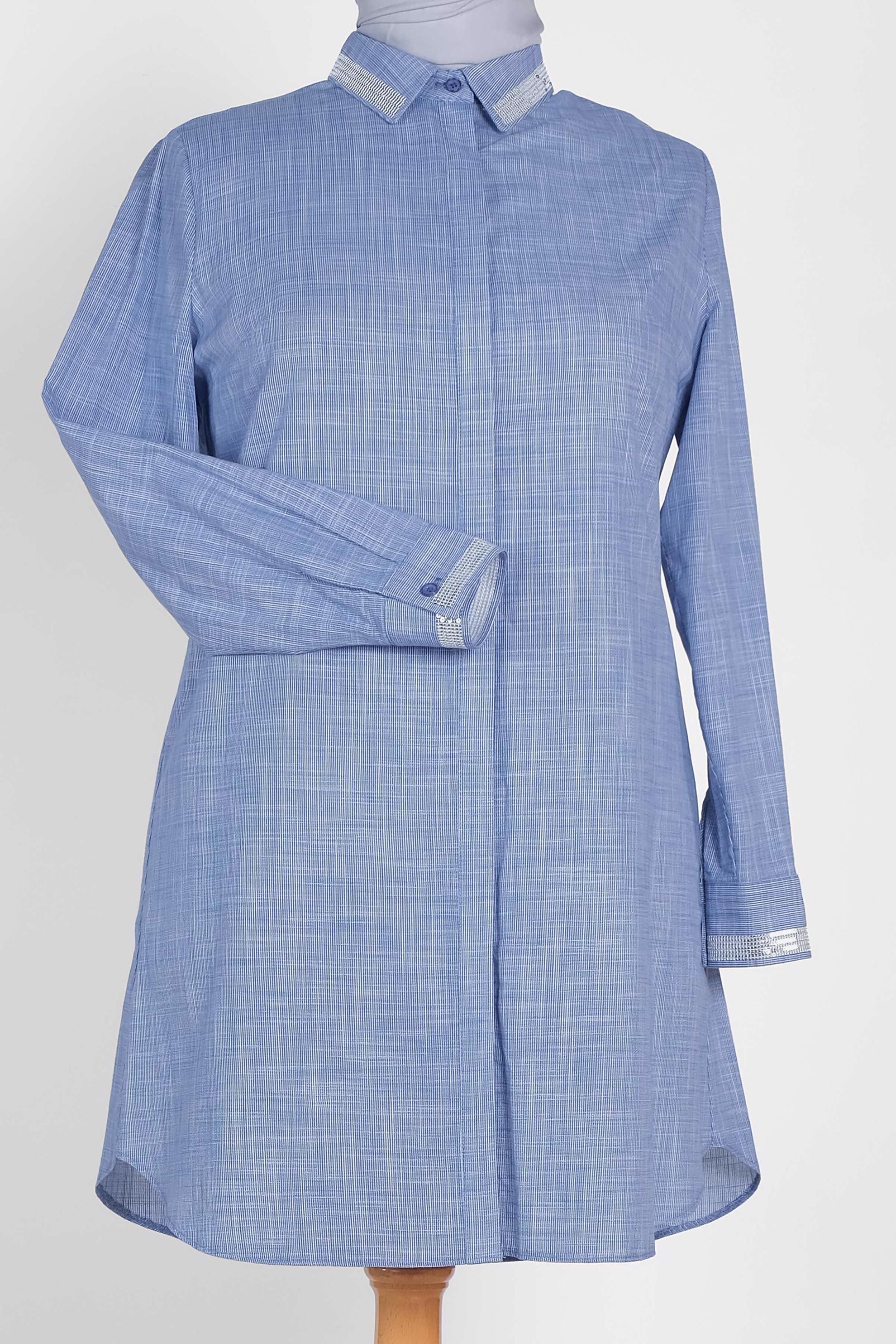 Tesettür giyim LACİVERT MANŞET VE YAKASI PUL DETAYLI GİZLİ DÜĞMELİ TUNİK 2886 