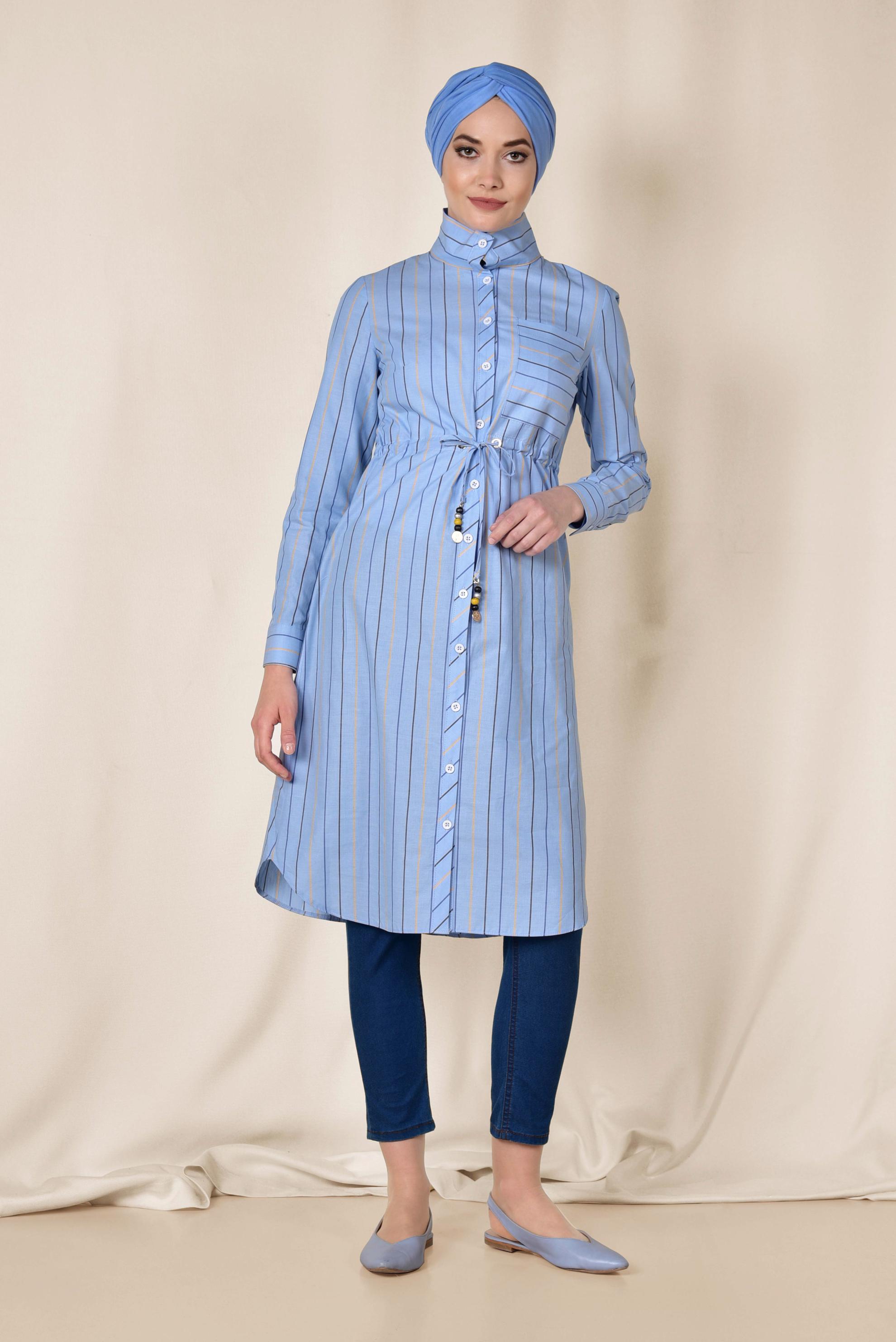 Tesettür giyim MAVİ RENKLİ ÇİZGİLİ ÖNDEN DÜĞMELİ PAMUKLU TUNİK 4003