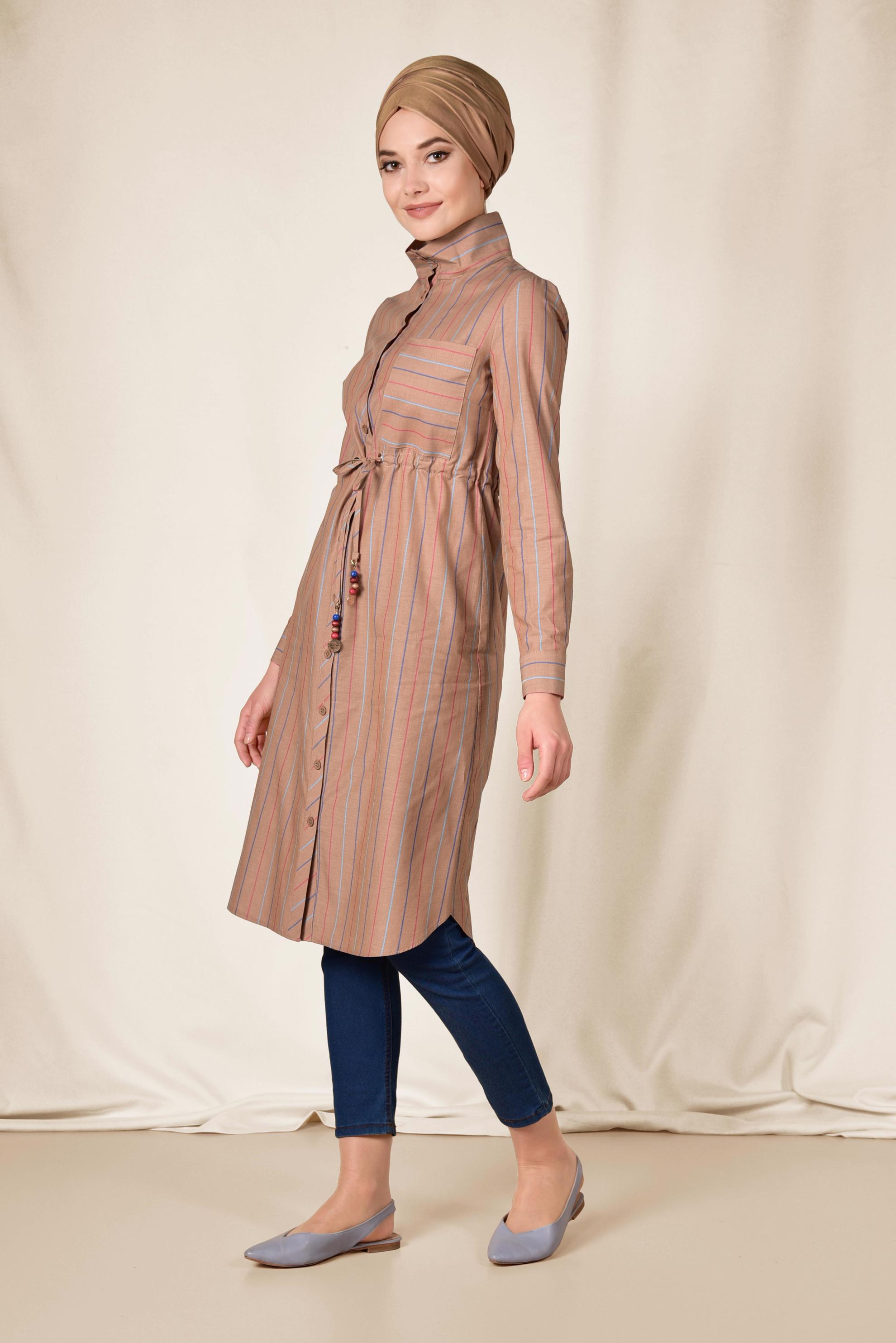 Tesettür giyim SARI RENKLİ ÇİZGİLİ ÖNDEN DÜĞMELİ PAMUKLU TUNİK 4003