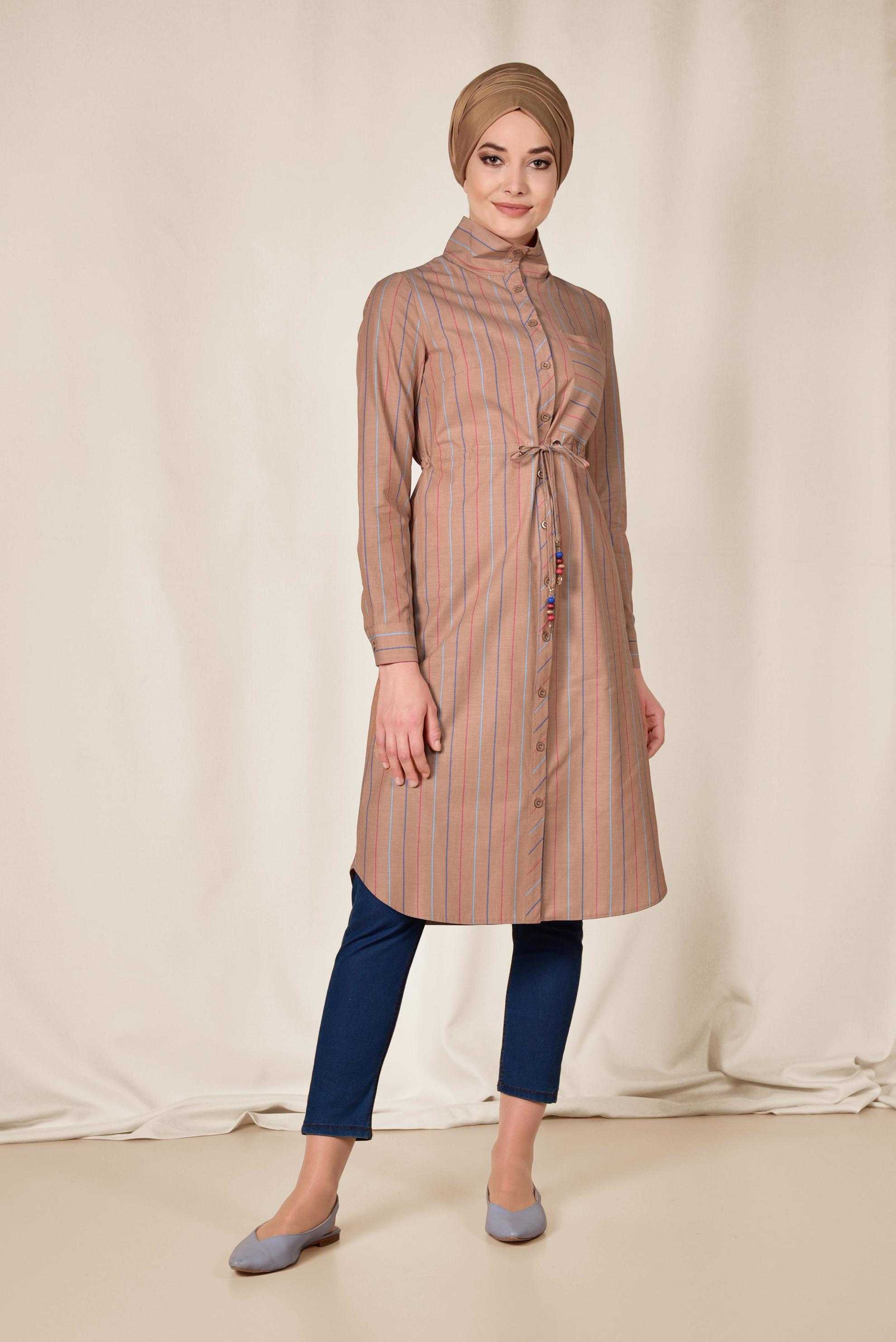 Tesettür giyim SARI RENKLİ ÇİZGİLİ ÖNDEN DÜĞMELİ PAMUKLU TUNİK 4003