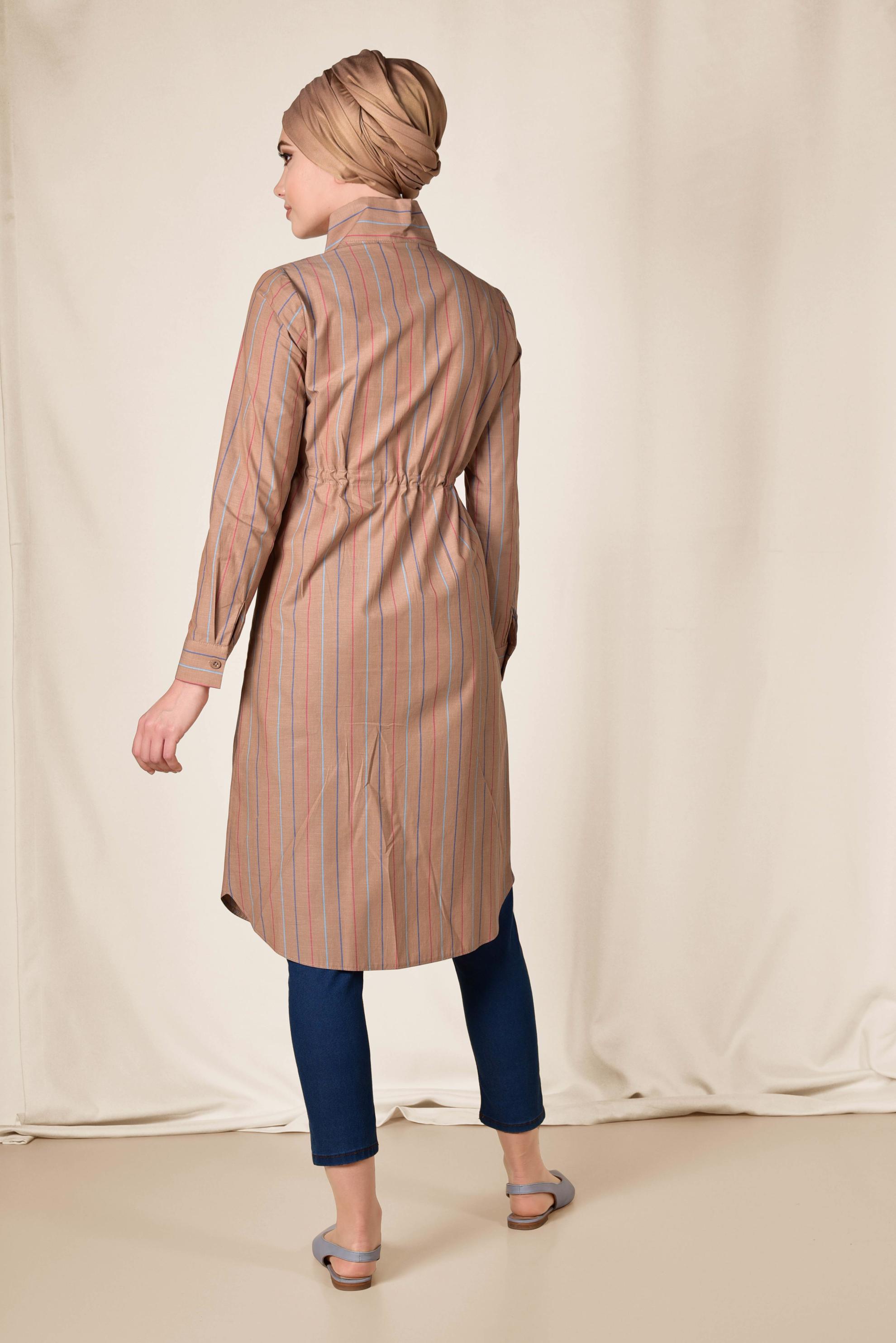 Tesettür giyim SARI RENKLİ ÇİZGİLİ ÖNDEN DÜĞMELİ PAMUKLU TUNİK 4003