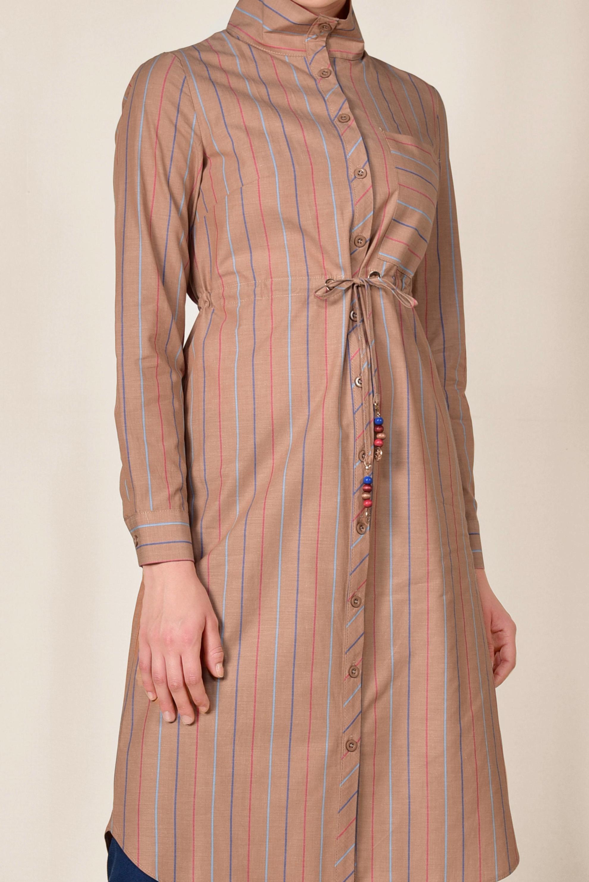 Tesettür giyim SARI RENKLİ ÇİZGİLİ ÖNDEN DÜĞMELİ PAMUKLU TUNİK 4003