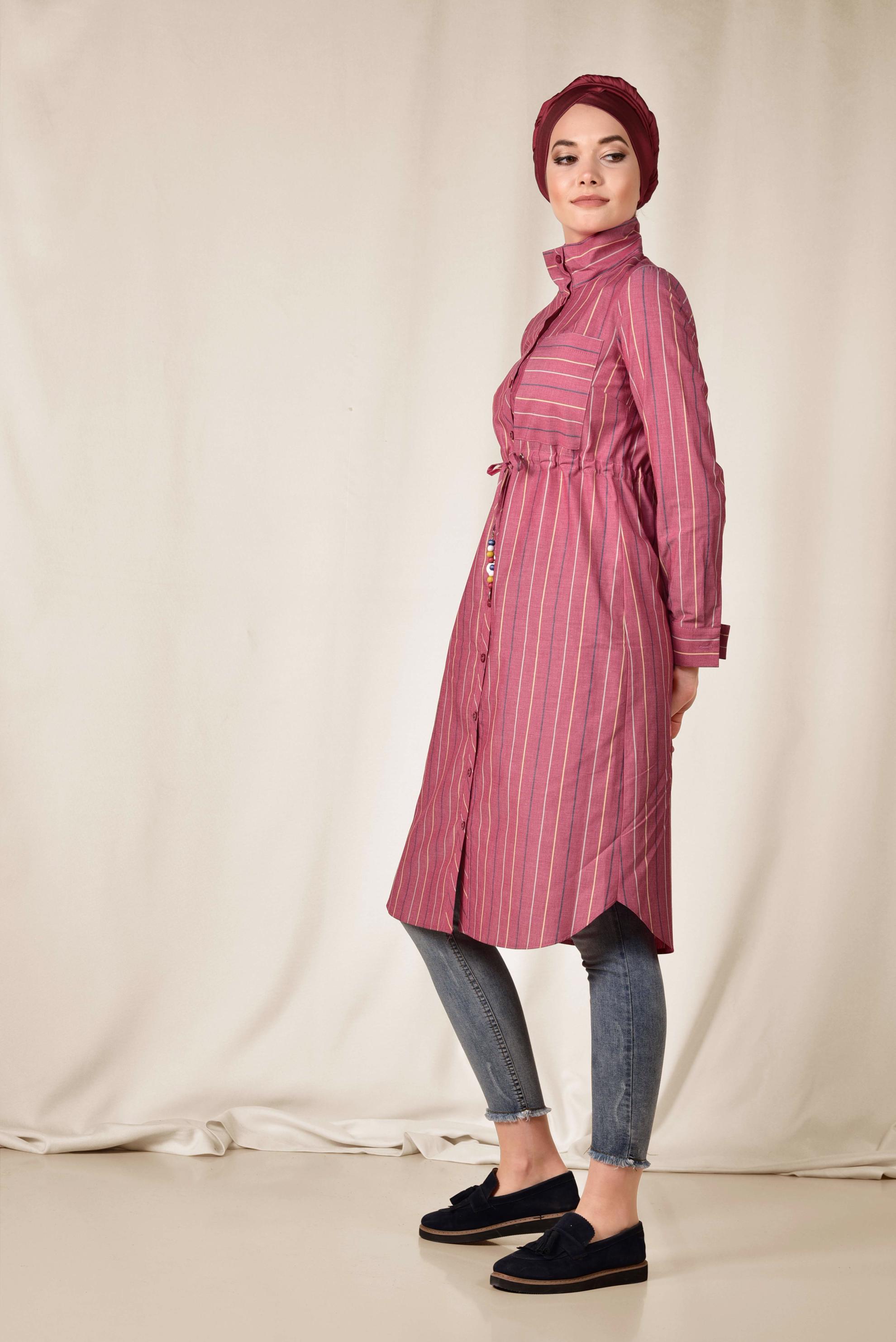 Tesettür giyim BORDO RENKLİ ÇİZGİLİ ÖNDEN DÜĞMELİ PAMUKLU TUNİK 4003