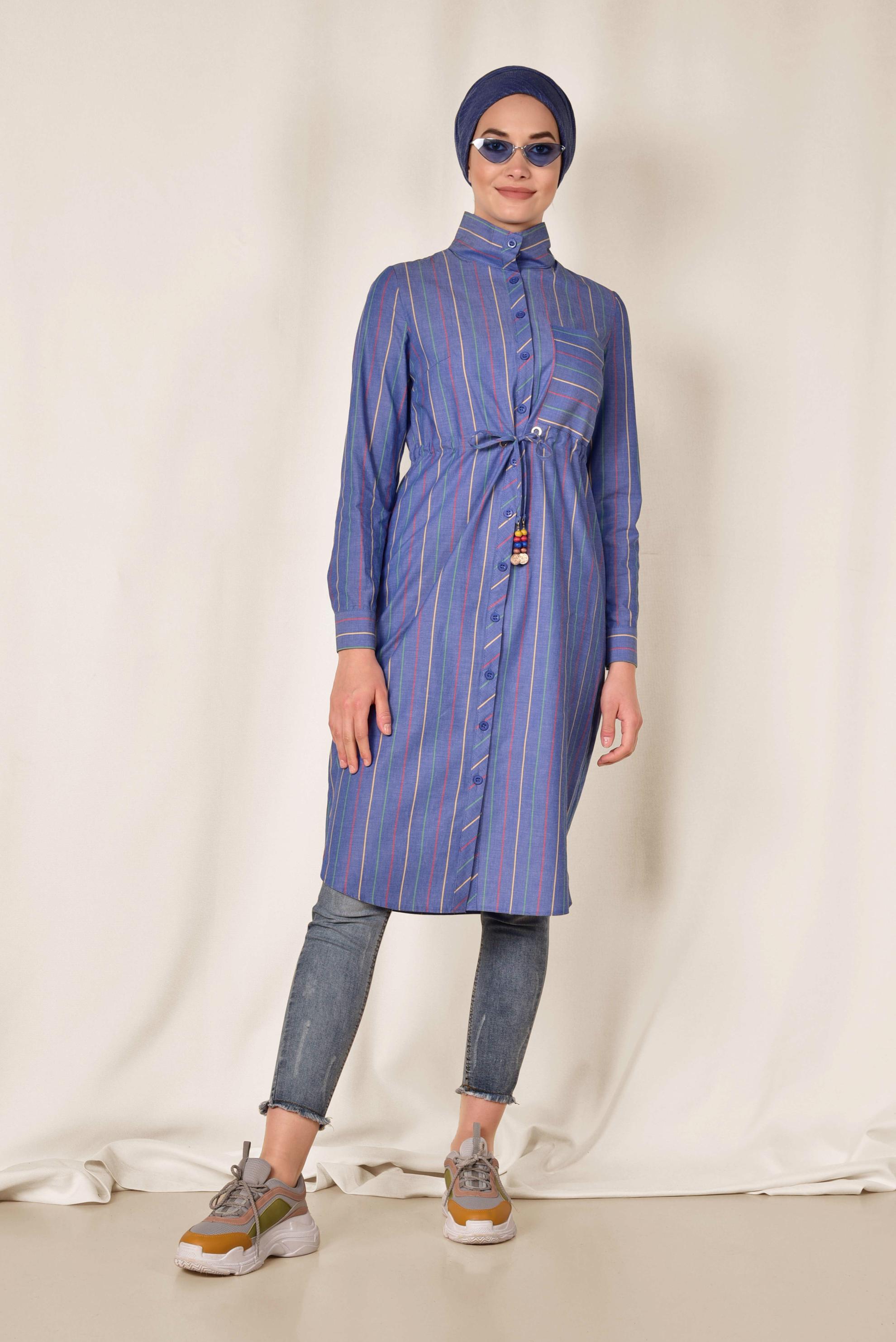 Tesettür giyim LACİVERT RENKLİ ÇİZGİLİ ÖNDEN DÜĞMELİ PAMUKLU TUNİK 4003