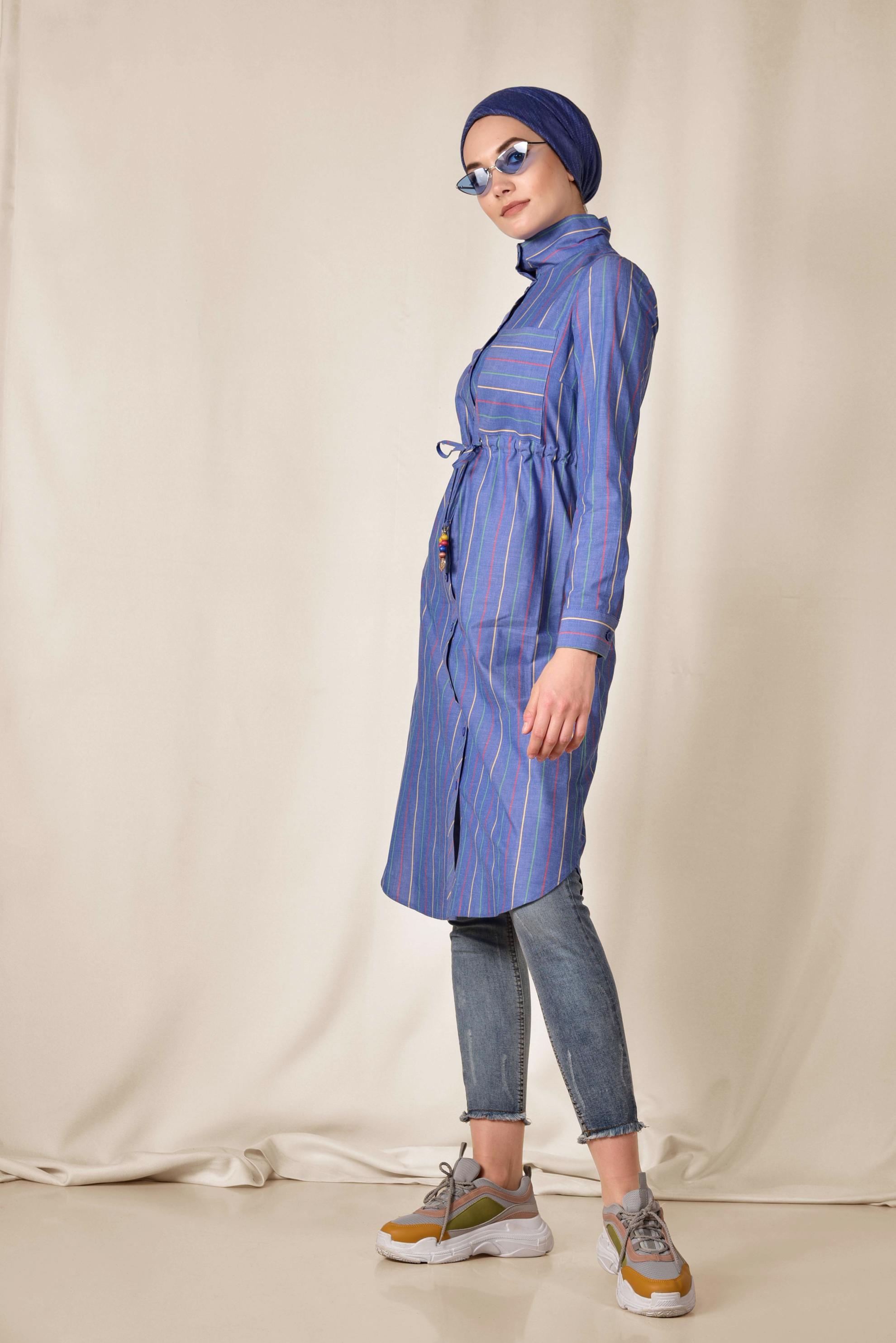 Tesettür giyim LACİVERT RENKLİ ÇİZGİLİ ÖNDEN DÜĞMELİ PAMUKLU TUNİK 4003