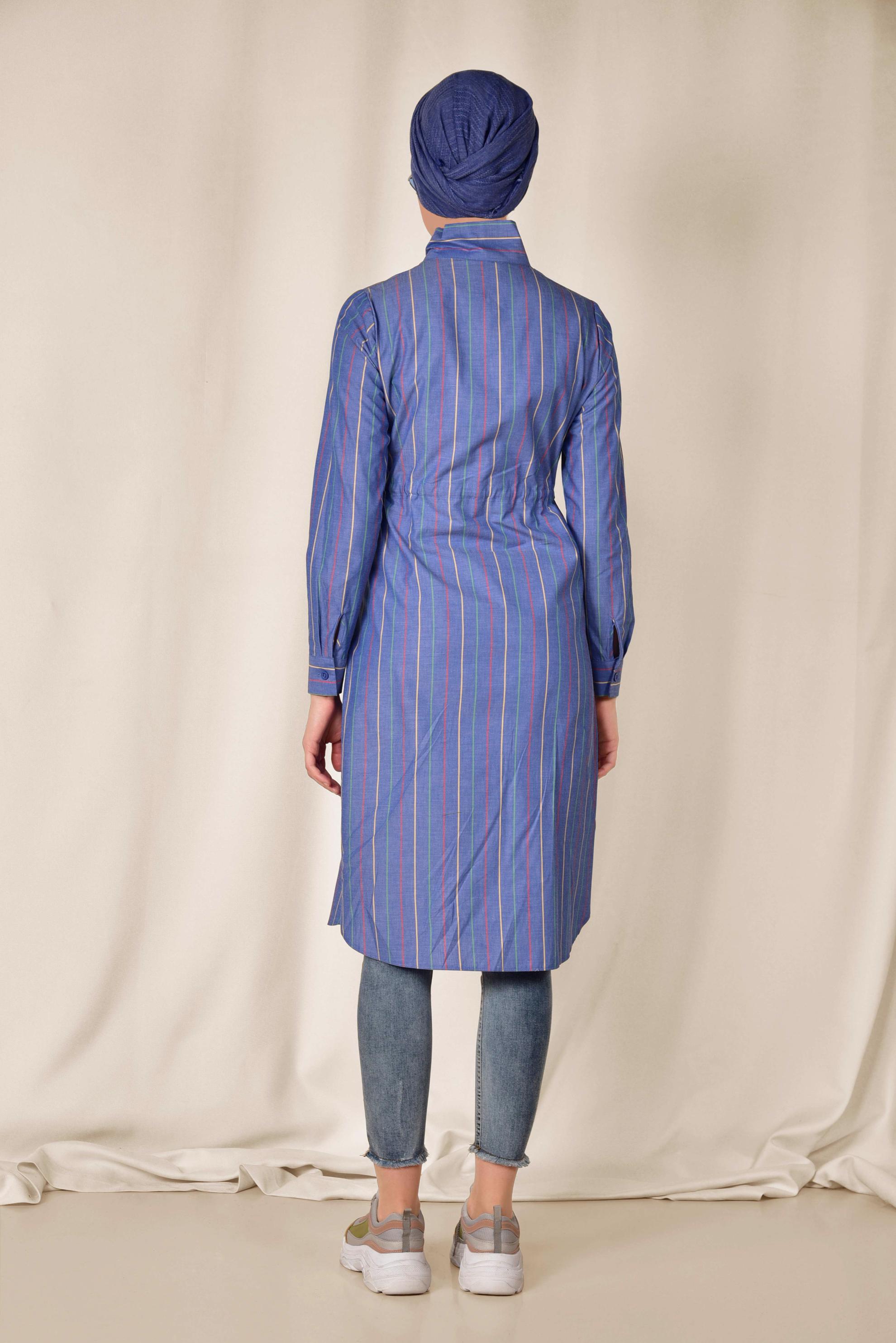 Tesettür giyim LACİVERT RENKLİ ÇİZGİLİ ÖNDEN DÜĞMELİ PAMUKLU TUNİK 4003