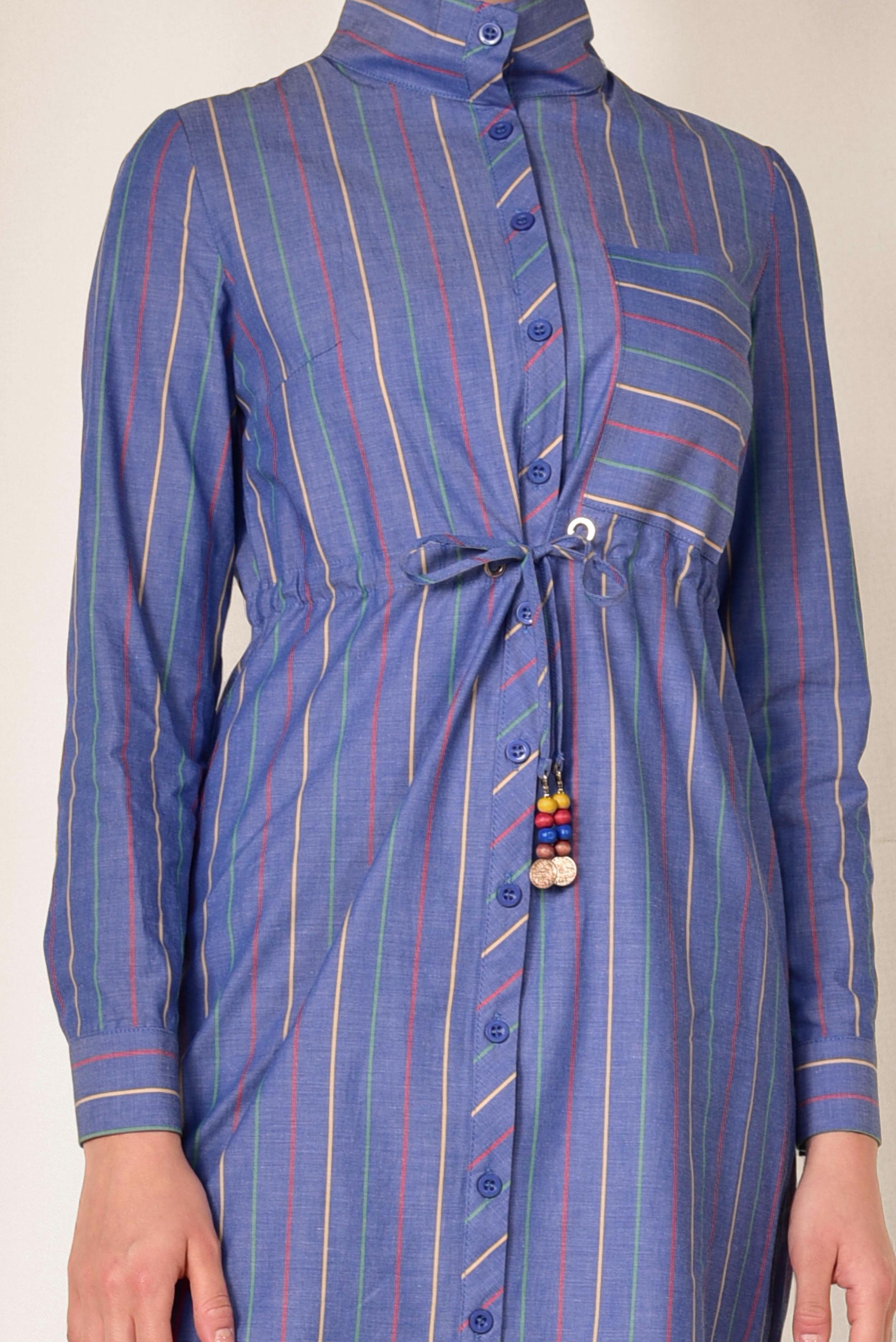 Tesettür giyim LACİVERT RENKLİ ÇİZGİLİ ÖNDEN DÜĞMELİ PAMUKLU TUNİK 4003