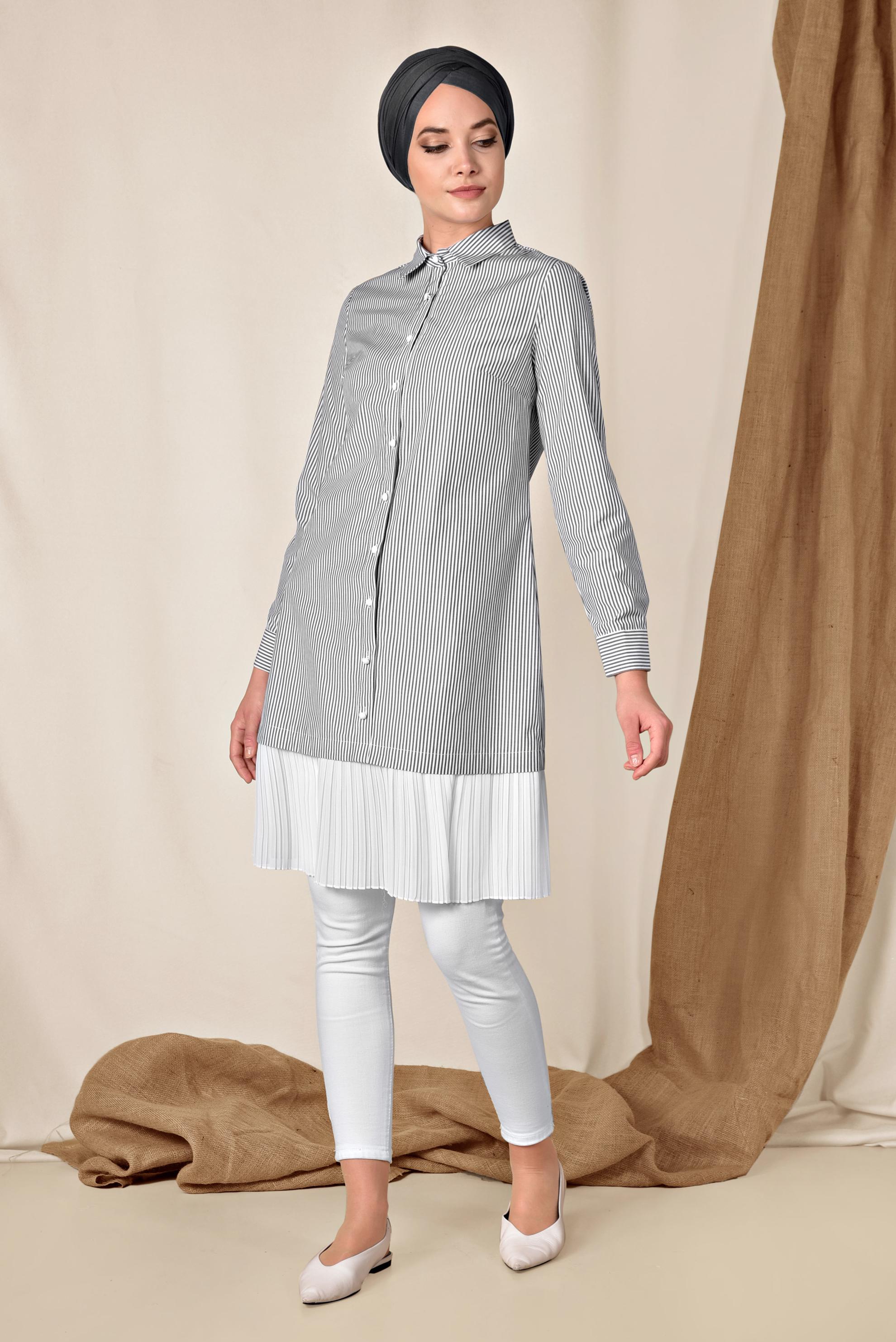 Tesettür giyim SİYAH ETEK UCU PİLELİ UZUN GÖMLEK 4005 