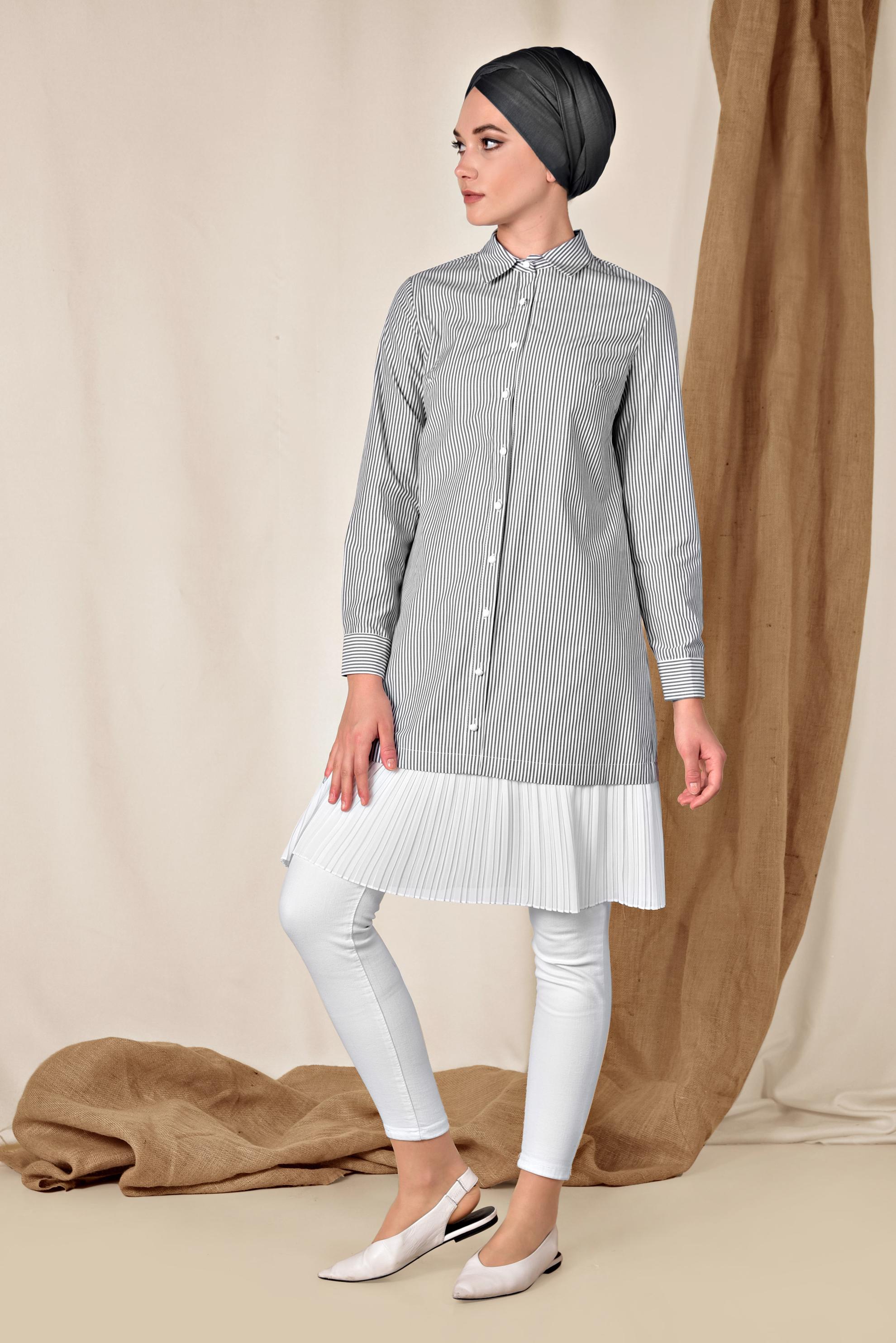 Tesettür giyim SİYAH ETEK UCU PİLELİ UZUN GÖMLEK 4005 