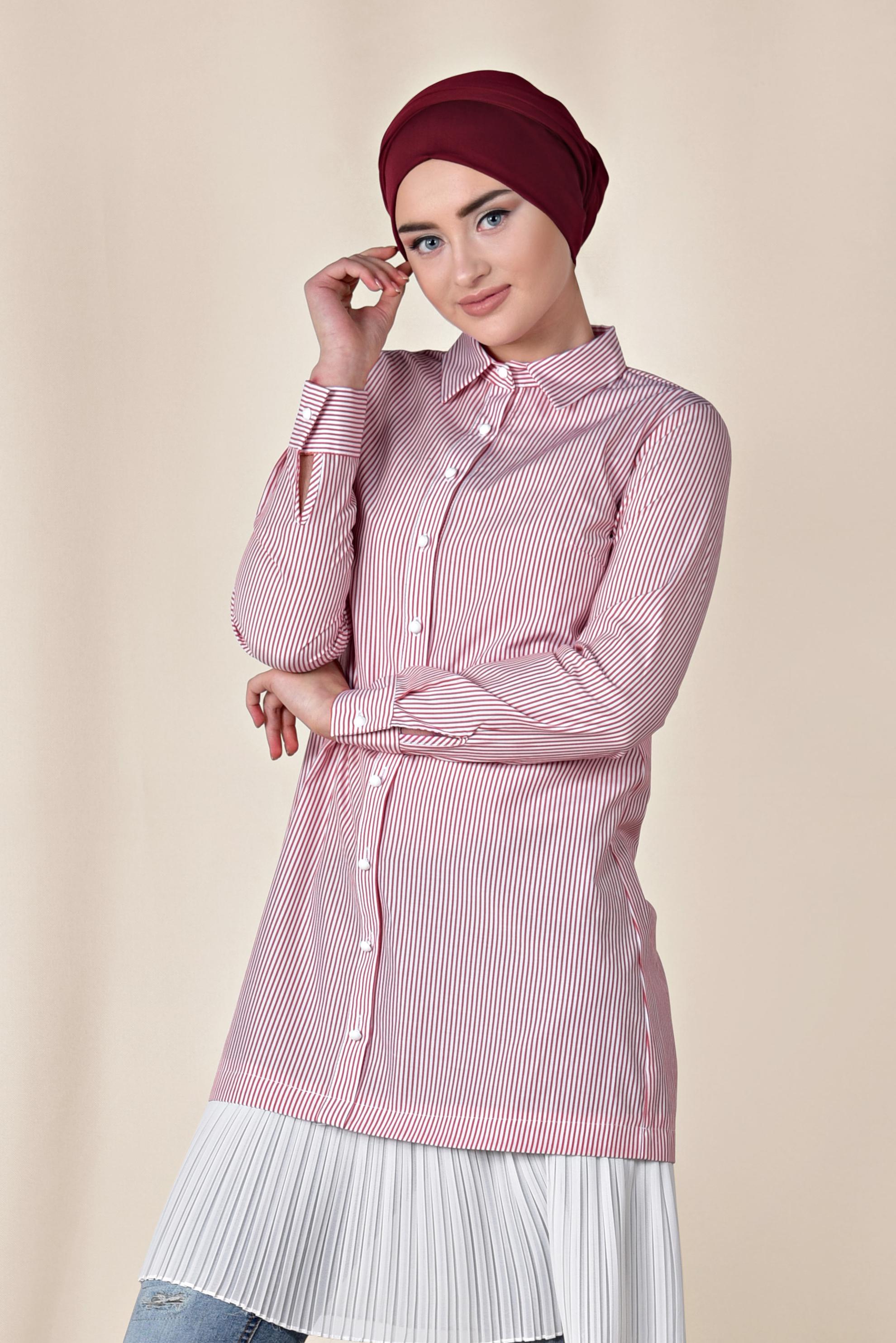 Tesettür giyim KIRMIZI ETEK UCU PİLELİ UZUN GÖMLEK 4005 