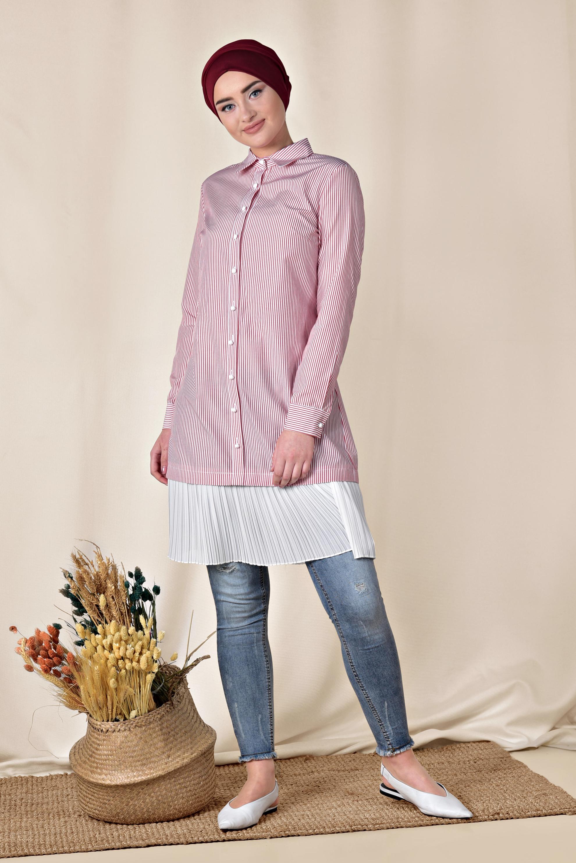 Tesettür giyim KIRMIZI ETEK UCU PİLELİ UZUN GÖMLEK 4005 