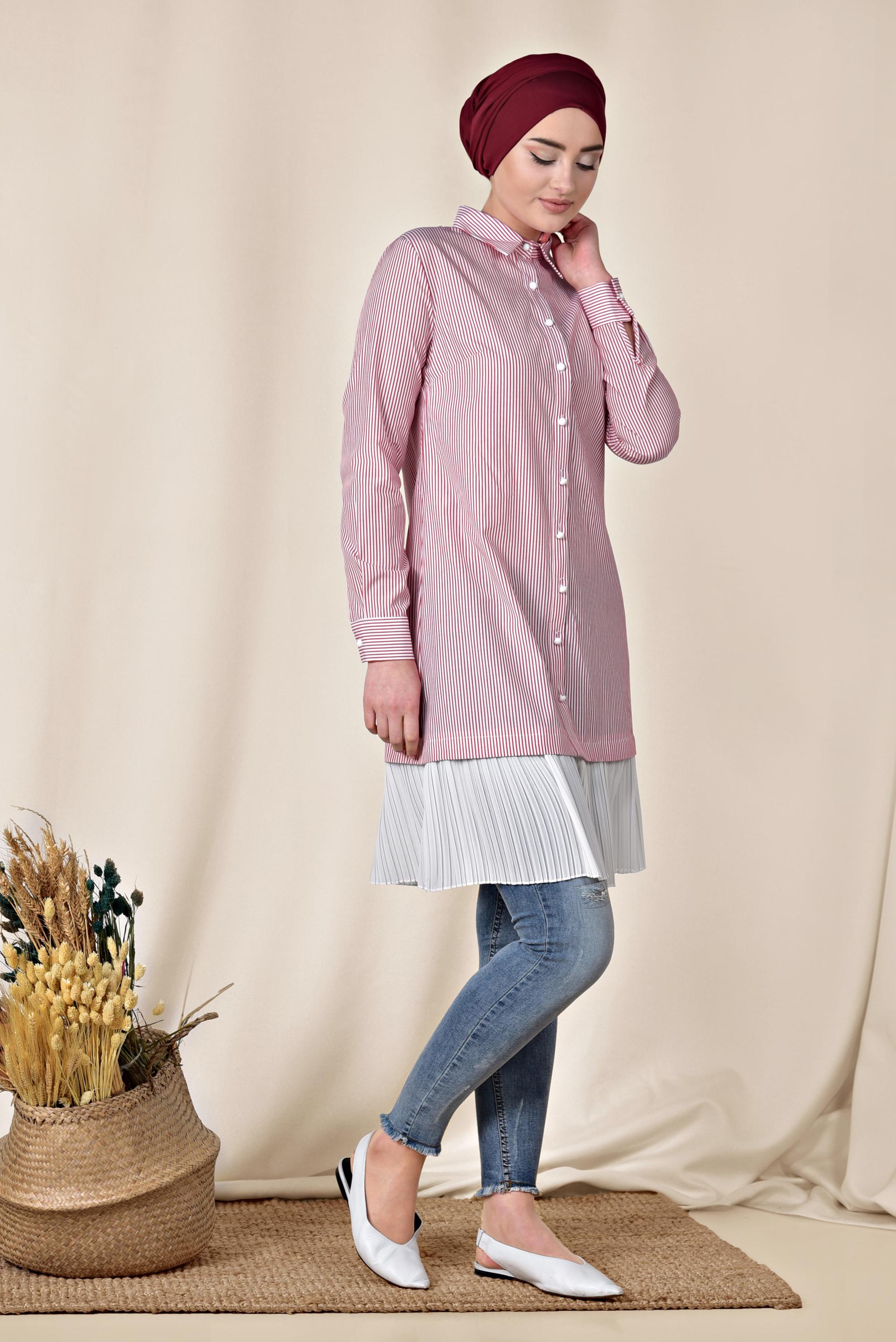 Tesettür giyim KIRMIZI ETEK UCU PİLELİ UZUN GÖMLEK 4005 