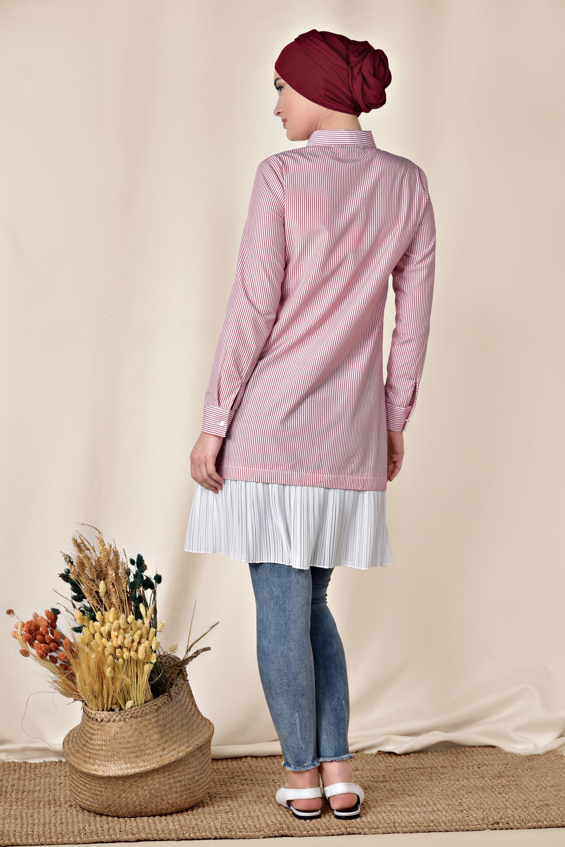 Tesettür giyim KIRMIZI ETEK UCU PİLELİ UZUN GÖMLEK 4005 