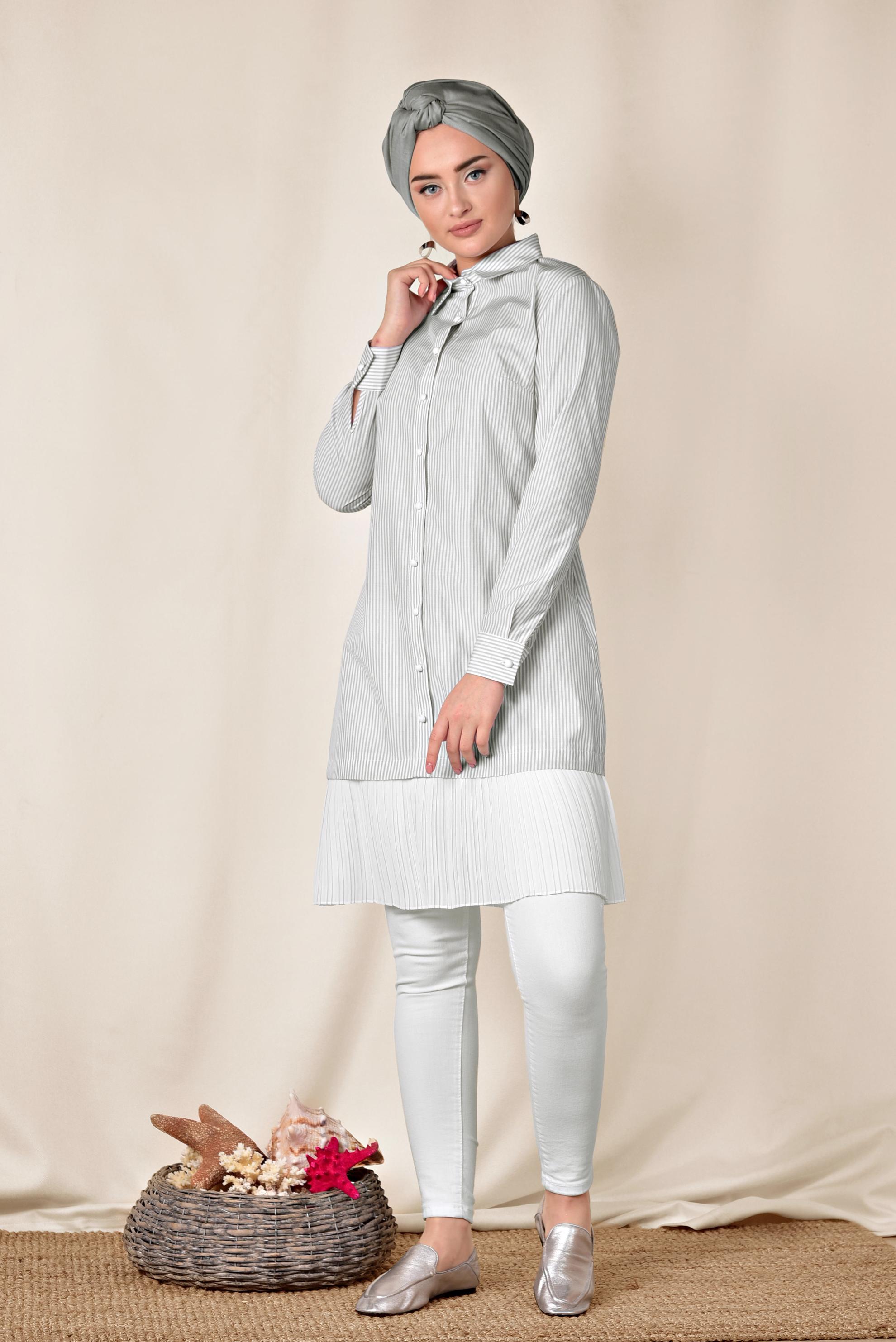 Tesettür giyim GRİ ETEK UCU PİLELİ UZUN GÖMLEK 4005 