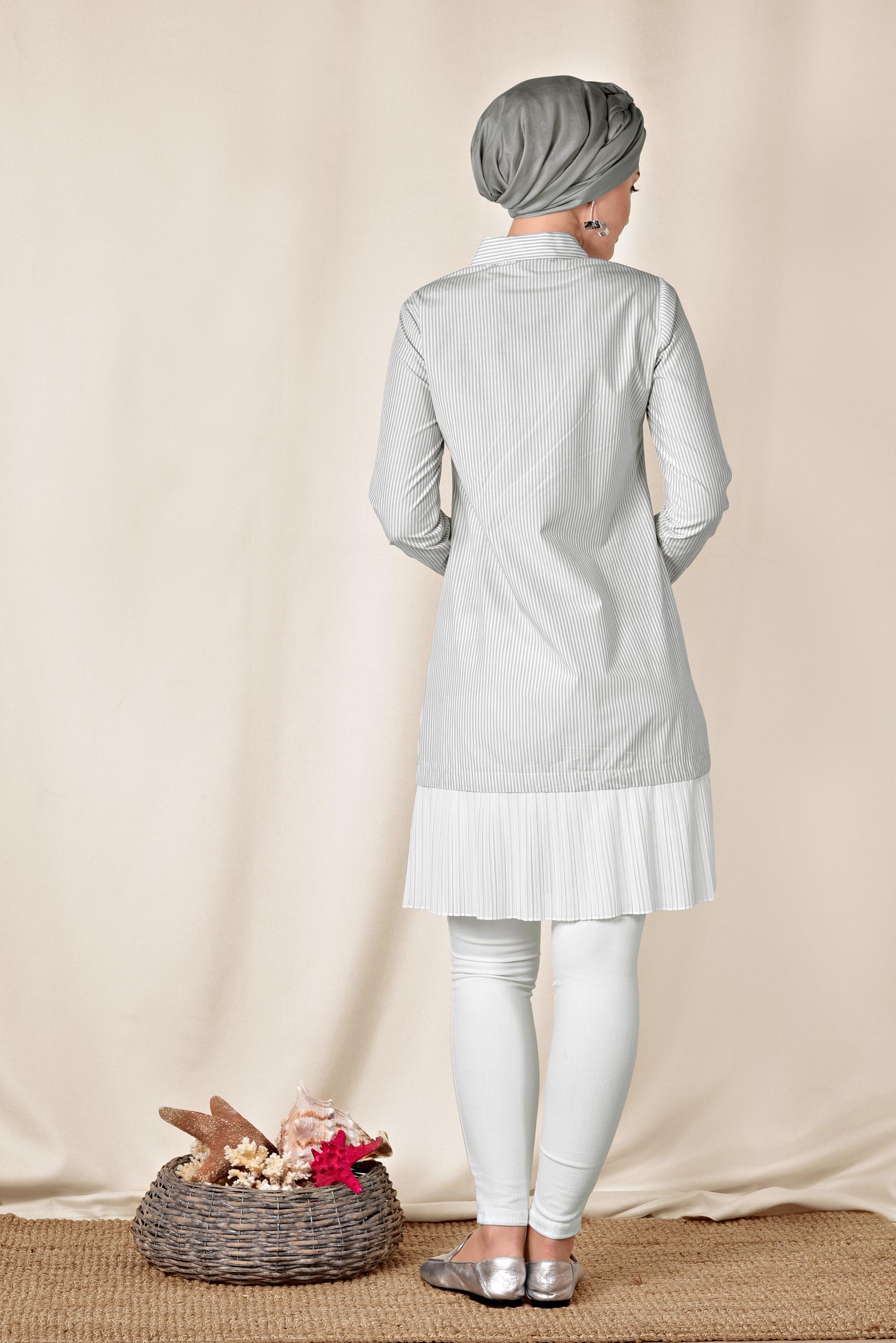 Tesettür giyim GRİ ETEK UCU PİLELİ UZUN GÖMLEK 4005 