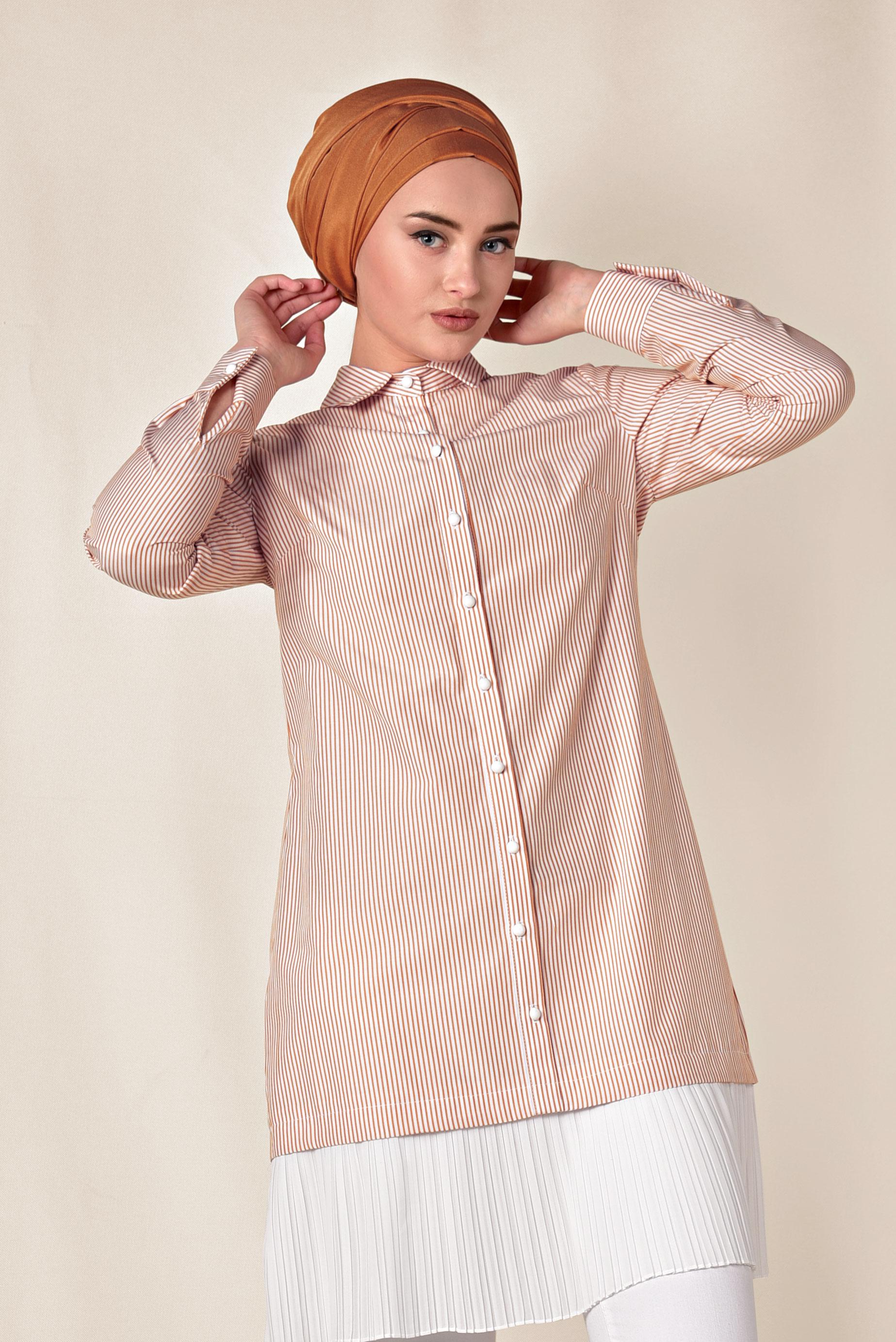 Tesettür giyim TURUNCU ETEK UCU PİLELİ UZUN GÖMLEK 4005 