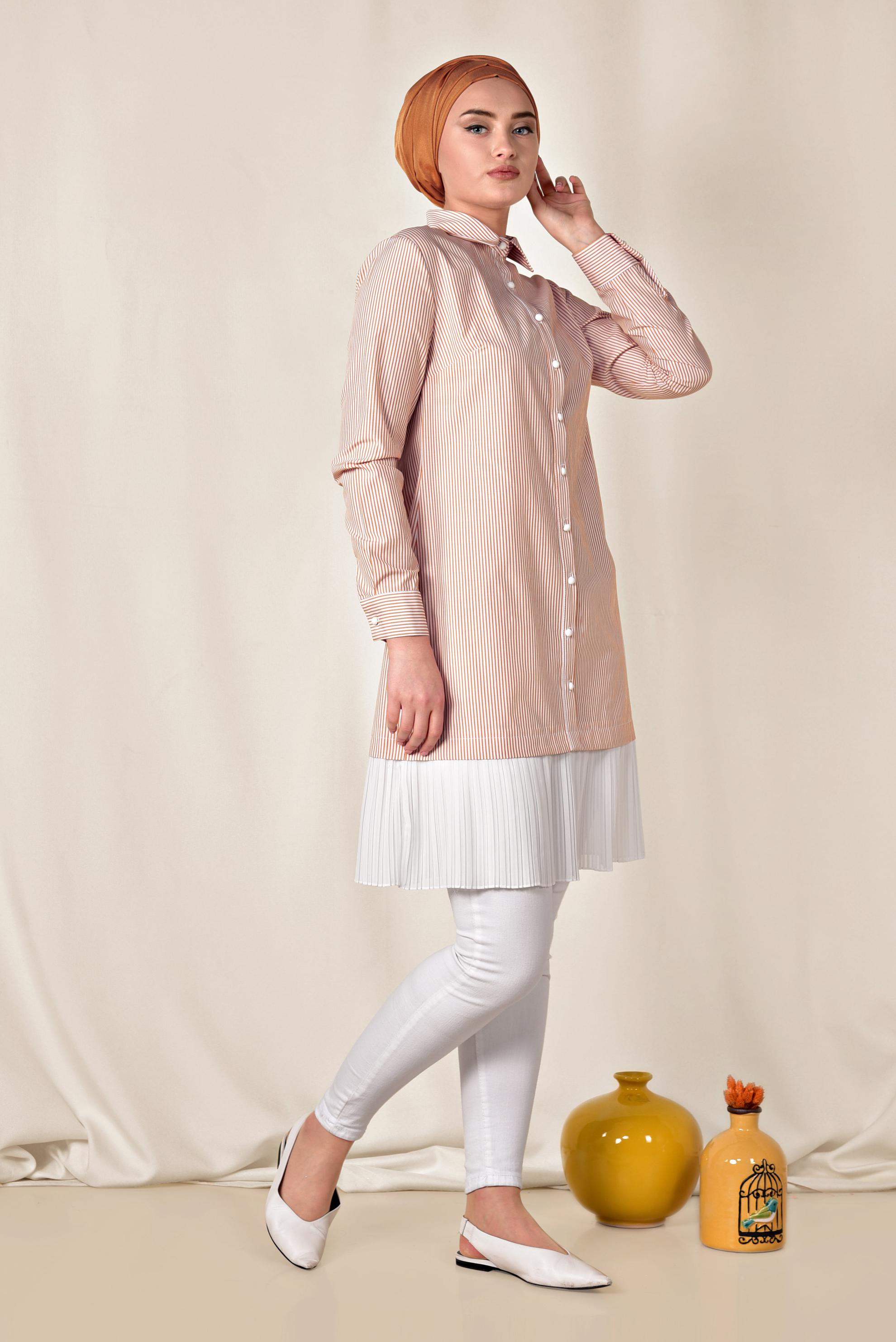 Tesettür giyim TURUNCU ETEK UCU PİLELİ UZUN GÖMLEK 4005 