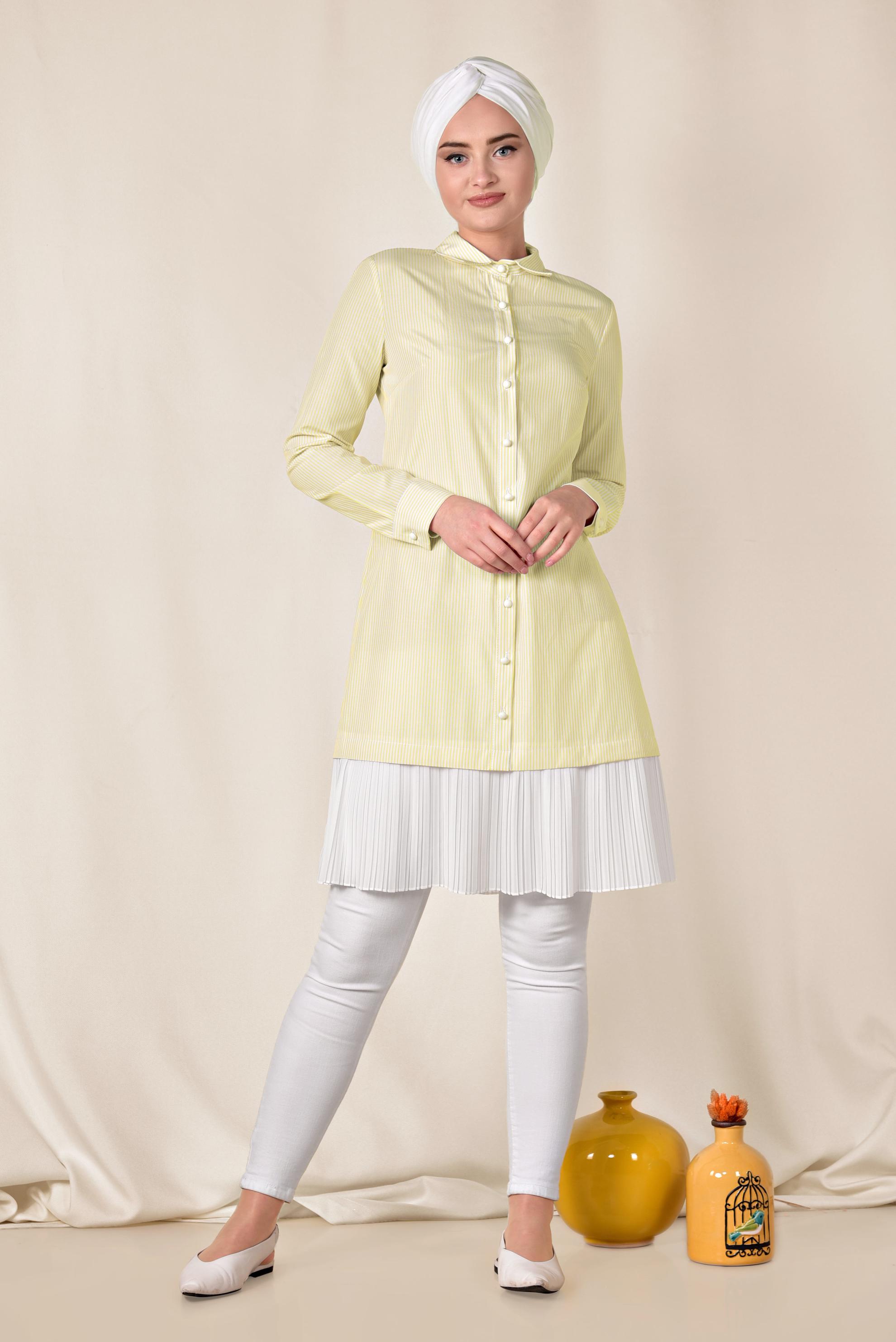 Tesettür giyim SARI ETEK UCU PİLELİ UZUN GÖMLEK 4005 