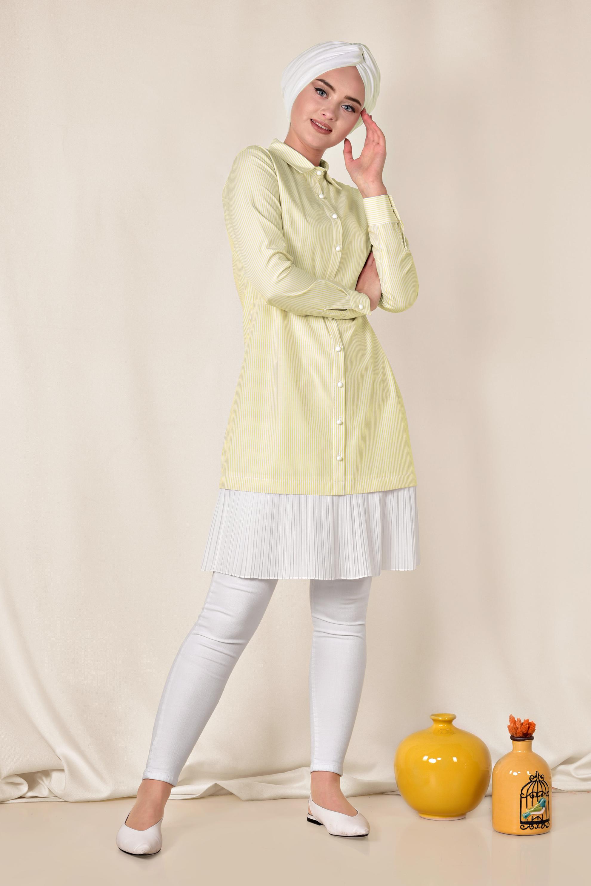 Tesettür giyim SARI ETEK UCU PİLELİ UZUN GÖMLEK 4005 