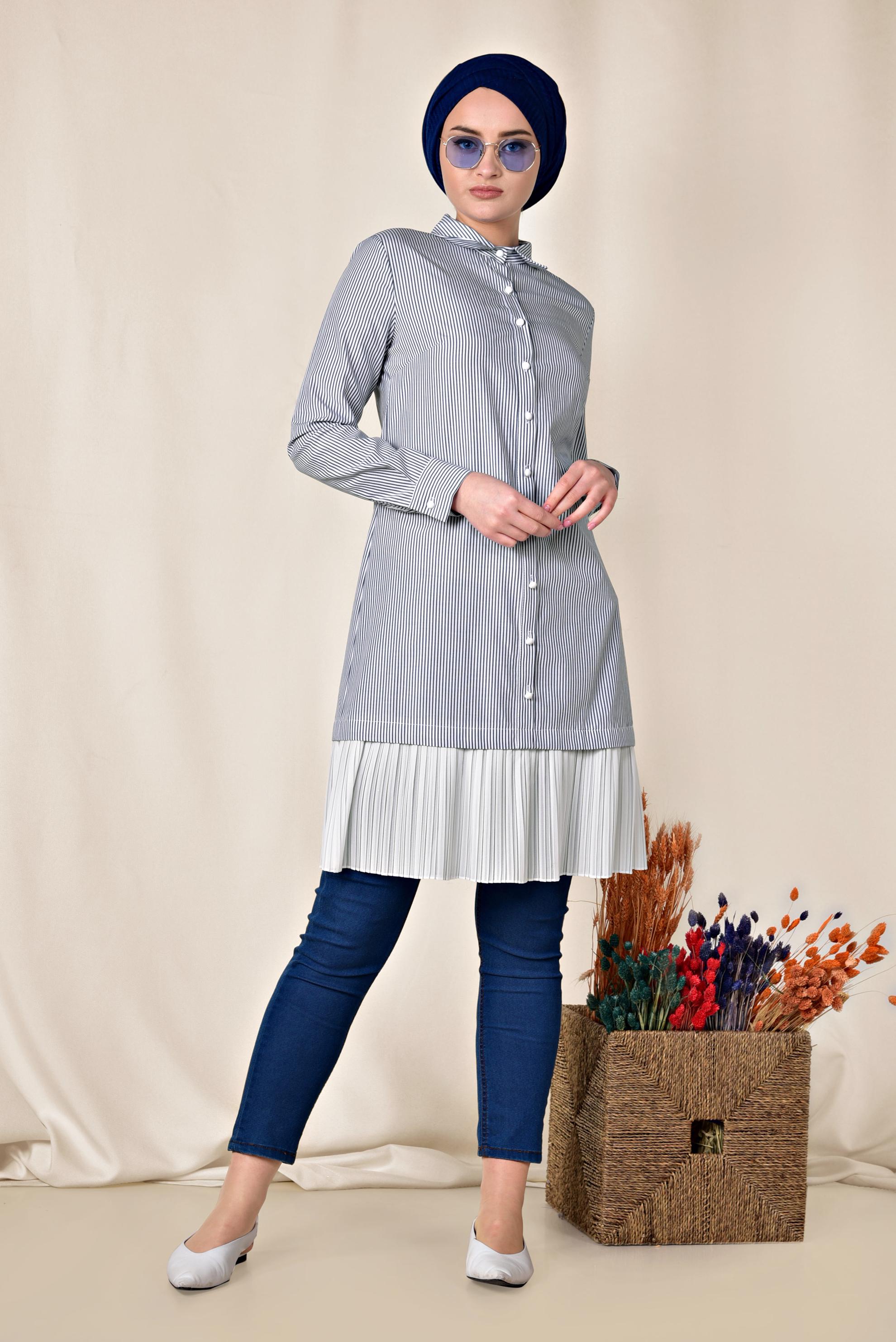 Tesettür giyim LACİVERT ETEK UCU PİLELİ UZUN GÖMLEK 4005 