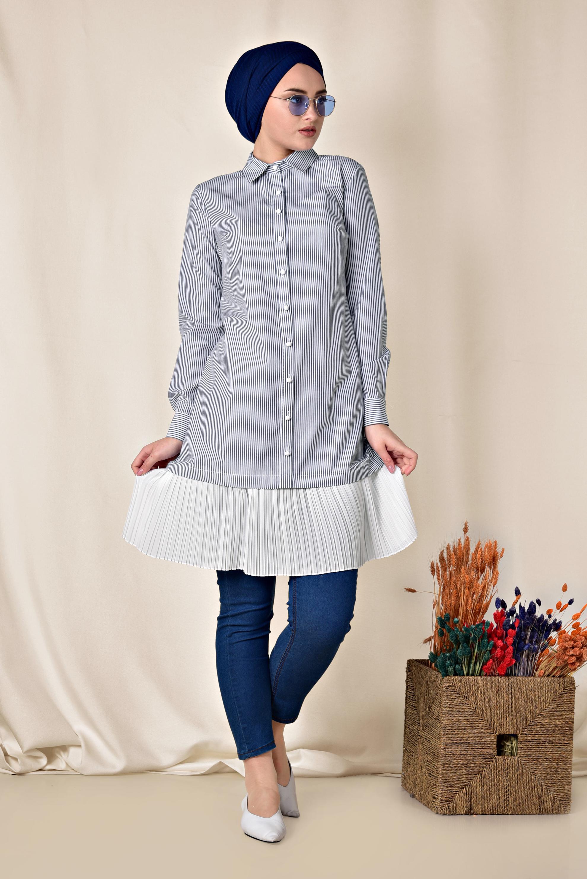 Tesettür giyim LACİVERT ETEK UCU PİLELİ UZUN GÖMLEK 4005 