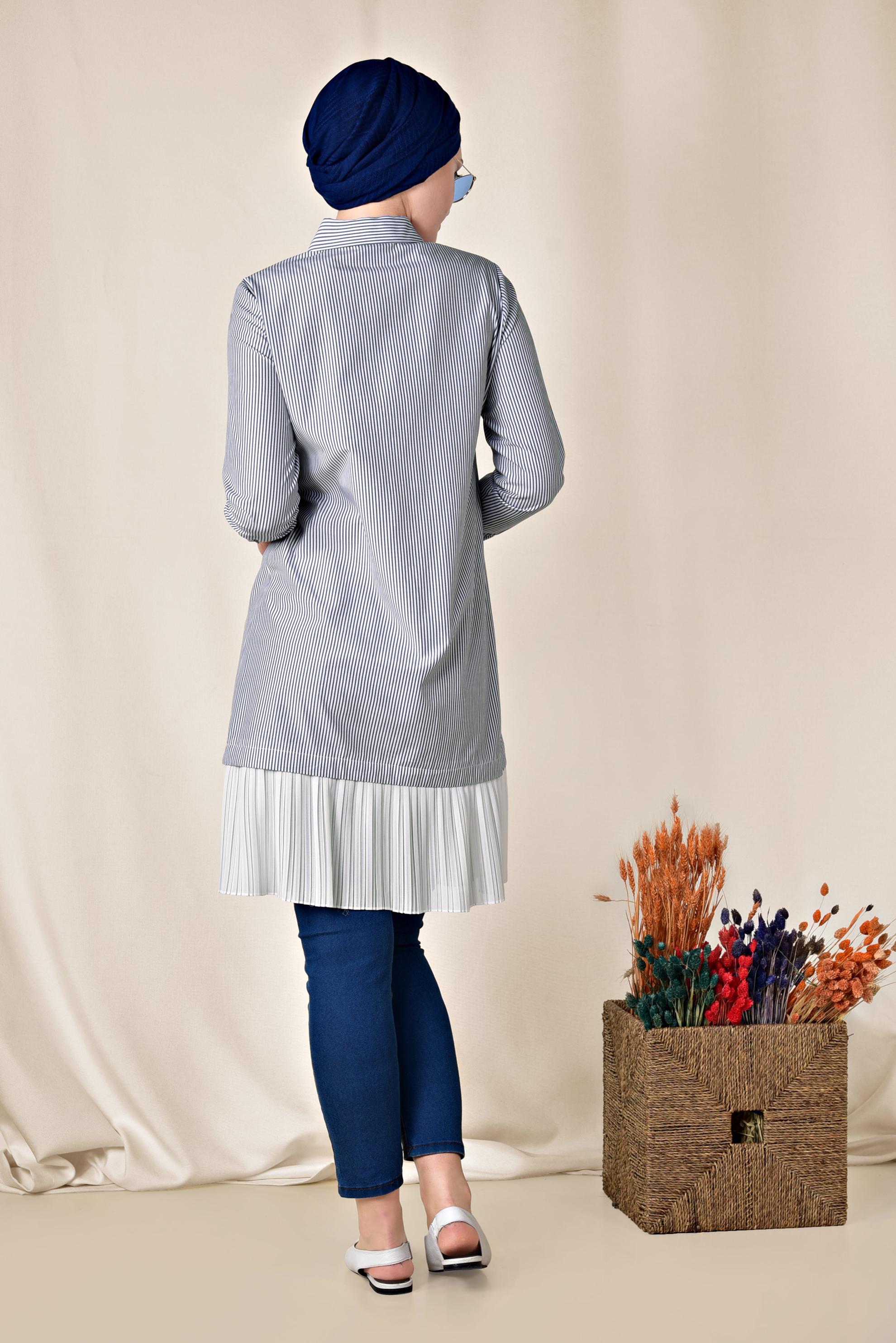 Tesettür giyim LACİVERT ETEK UCU PİLELİ UZUN GÖMLEK 4005 