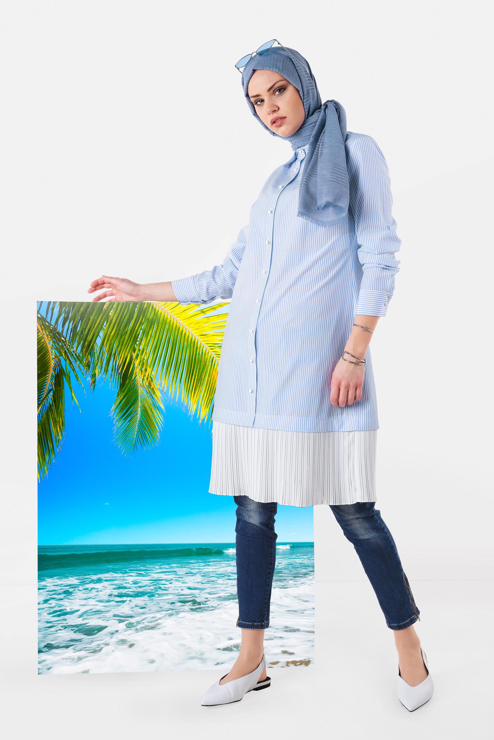 Tesettür giyim LACİVERT ETEK UCU PİLELİ UZUN GÖMLEK 4005 