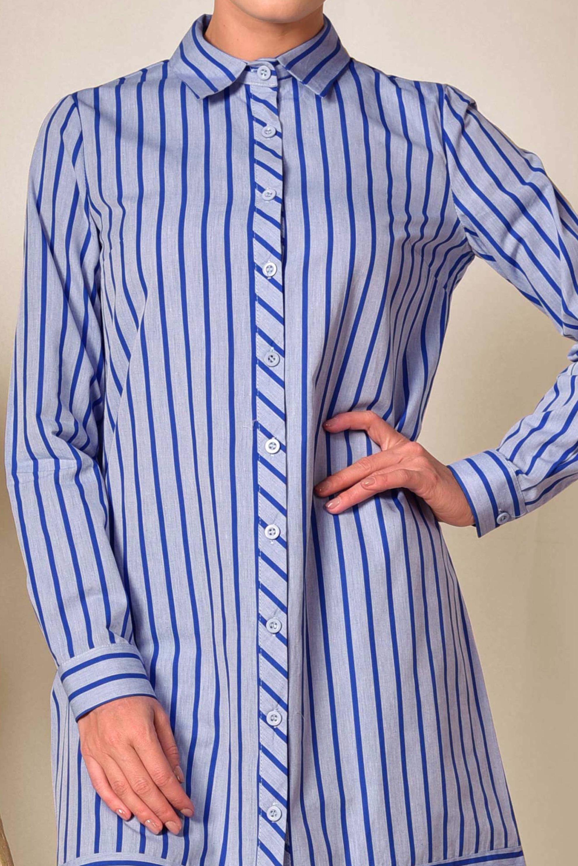 Tesettür giyim MAVİ ÇİZGİ DESENLİ DÜĞMELİ TUNİK 4006