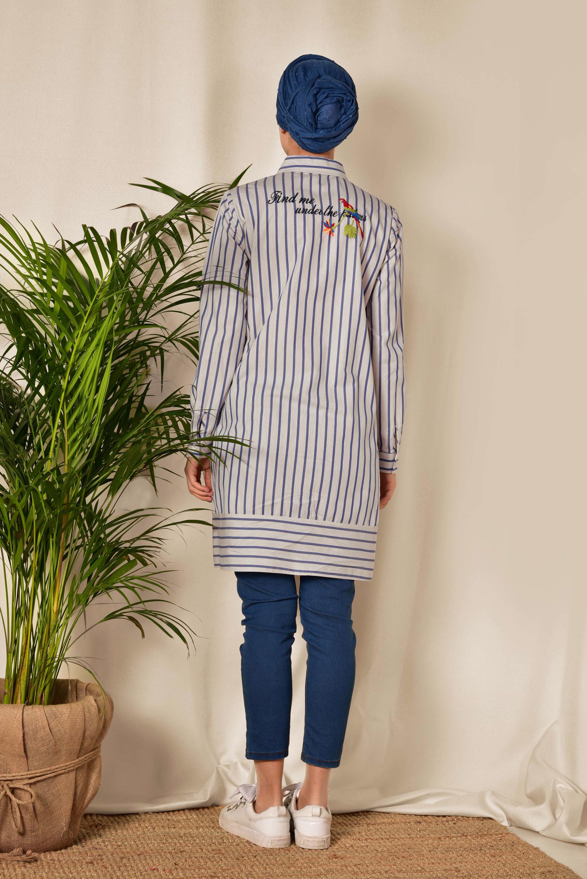 Tesettür giyim BEJ ÇİZGİ DESENLİ DÜĞMELİ TUNİK 4006