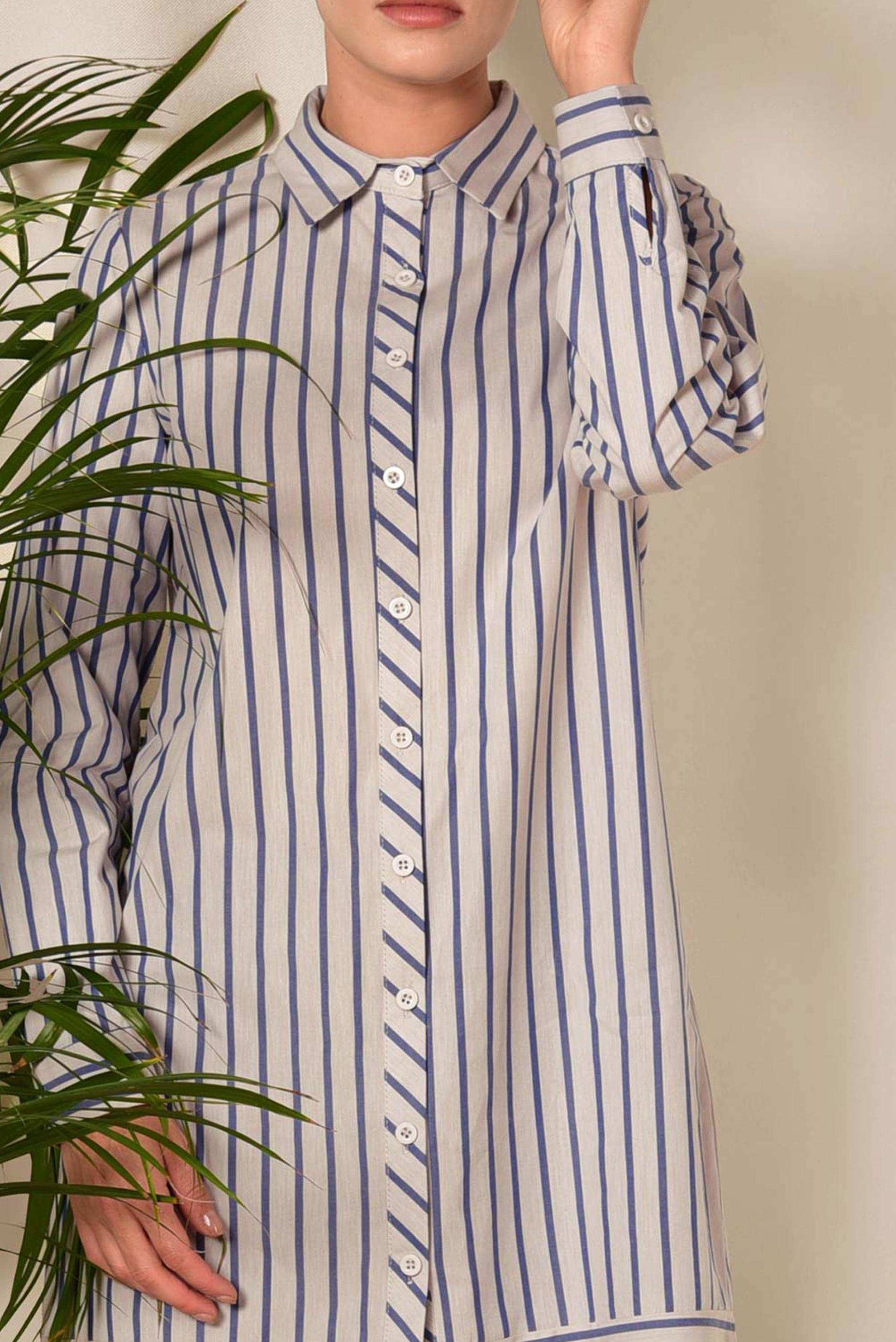 Tesettür giyim BEJ ÇİZGİ DESENLİ DÜĞMELİ TUNİK 4006