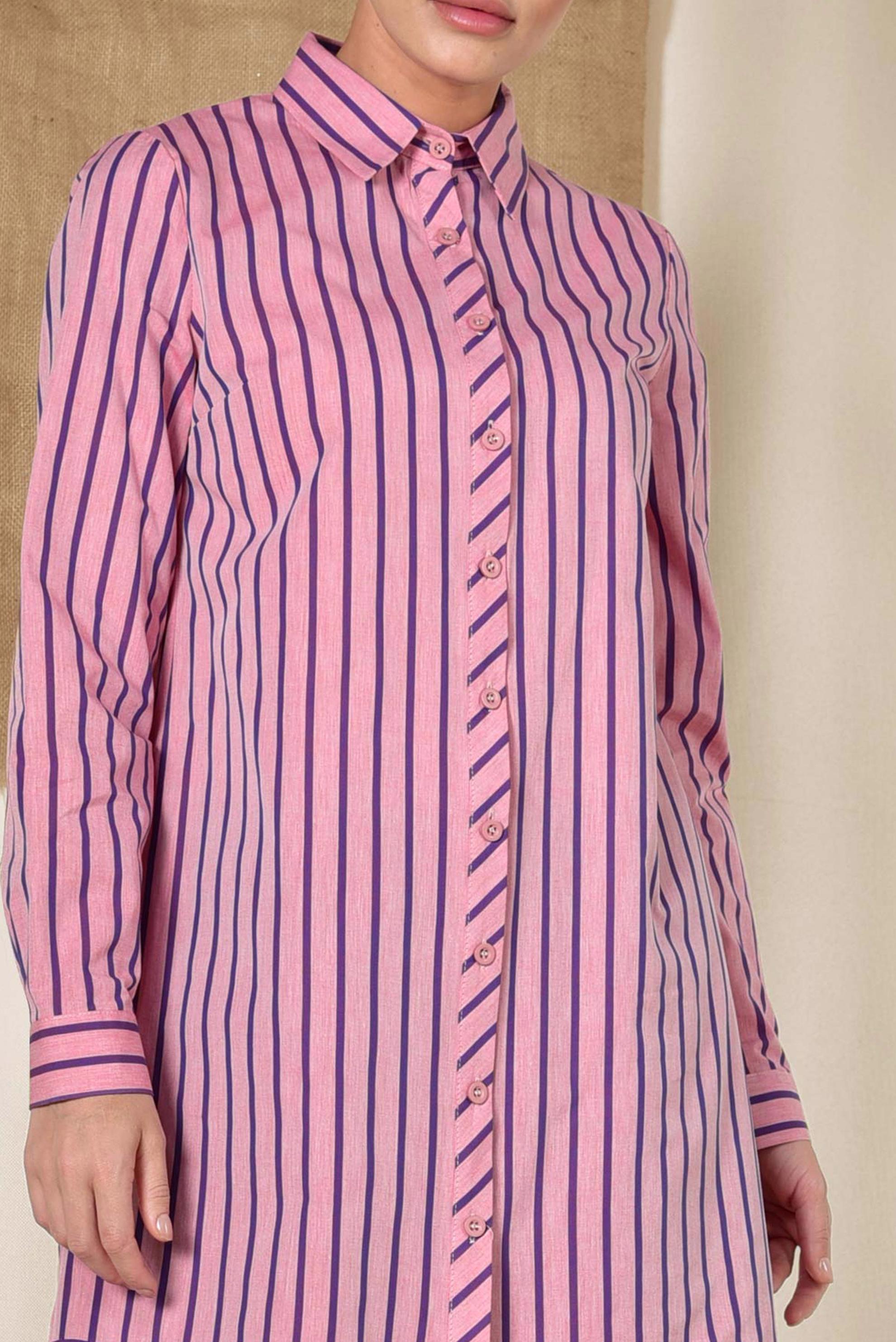 Tesettür giyim PUDRA ÇİZGİ DESENLİ DÜĞMELİ TUNİK 4006