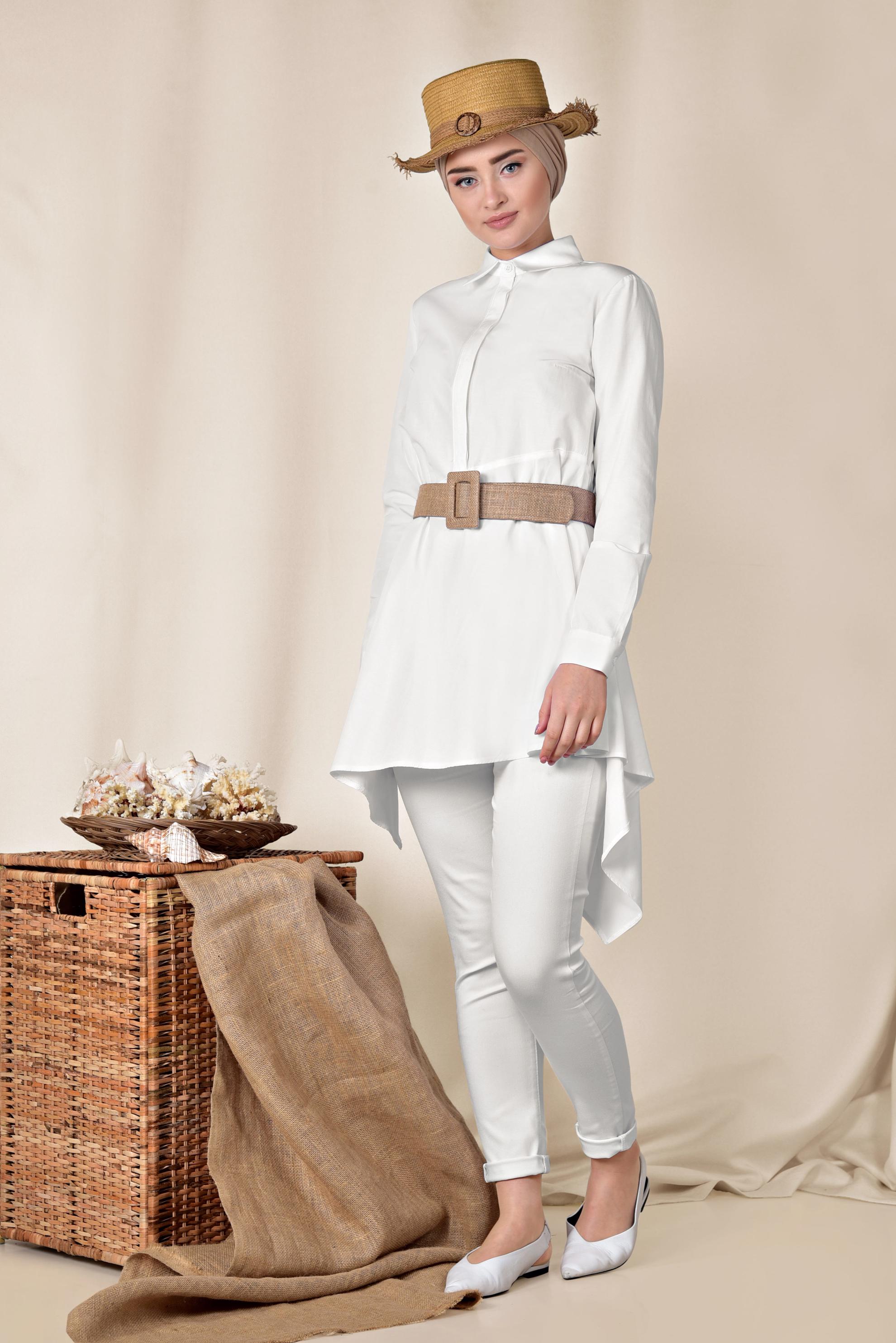 Tesettür giyim BEYAZ ASİMETRİK KESİM TUNİK 4008