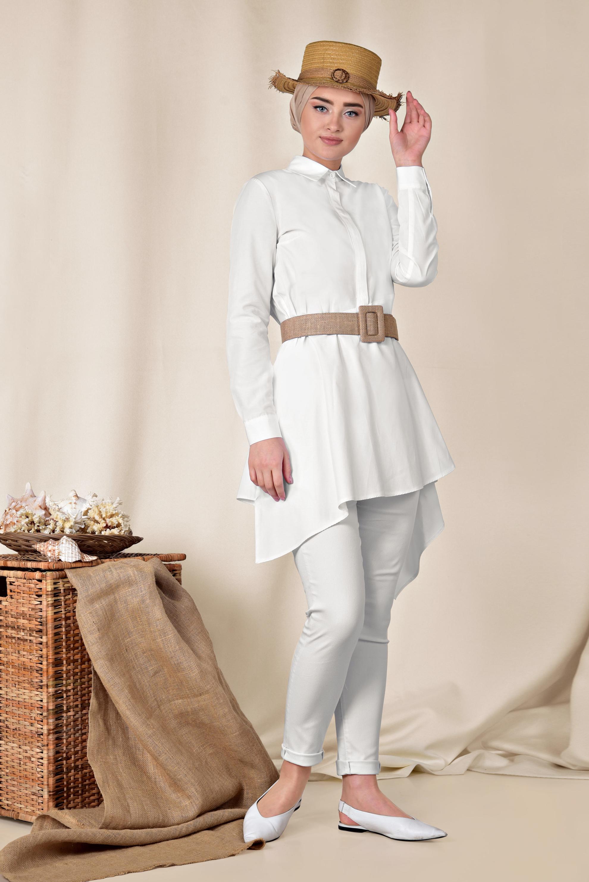 Tesettür giyim BEYAZ ASİMETRİK KESİM TUNİK 4008