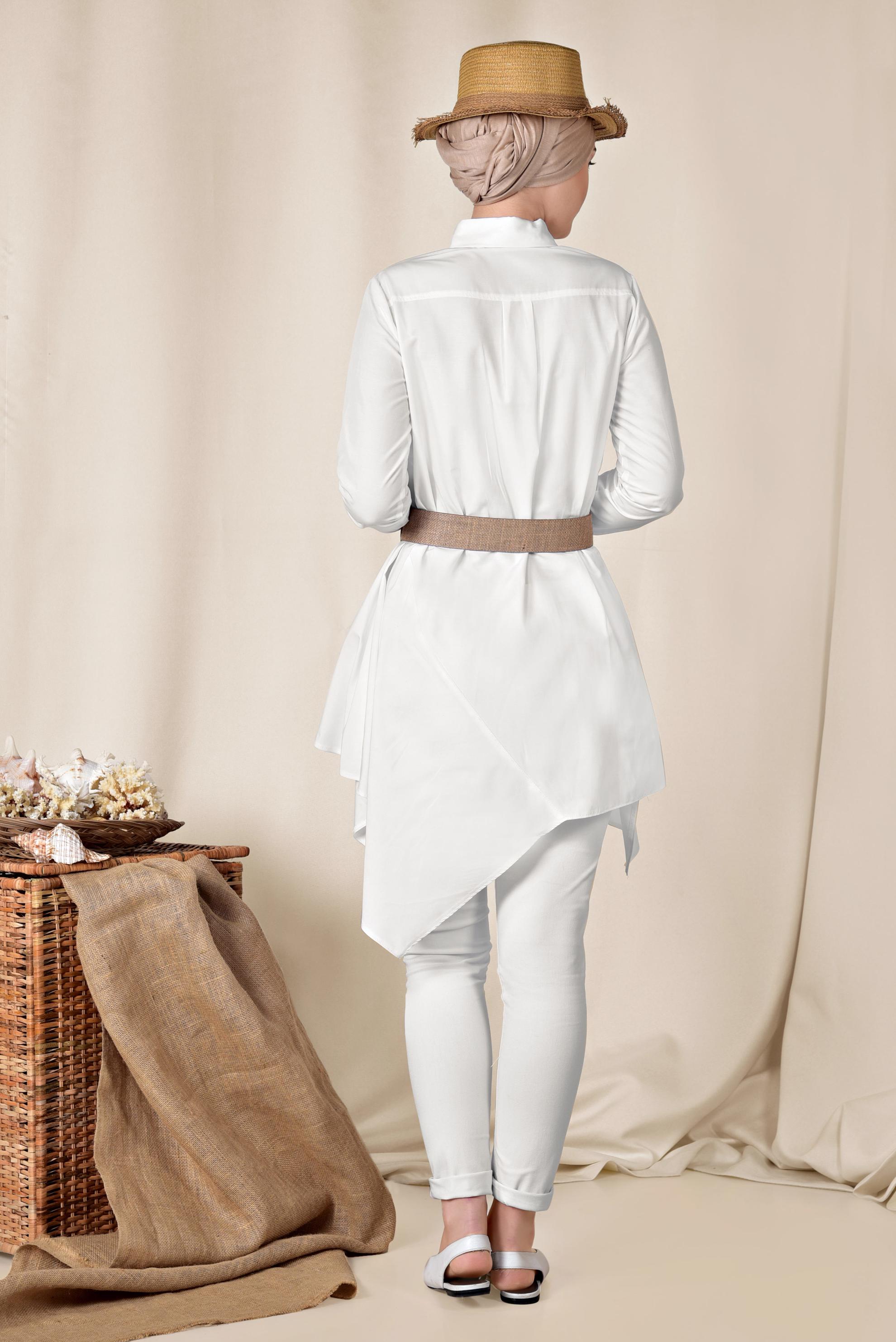 Tesettür giyim BEYAZ ASİMETRİK KESİM TUNİK 4008