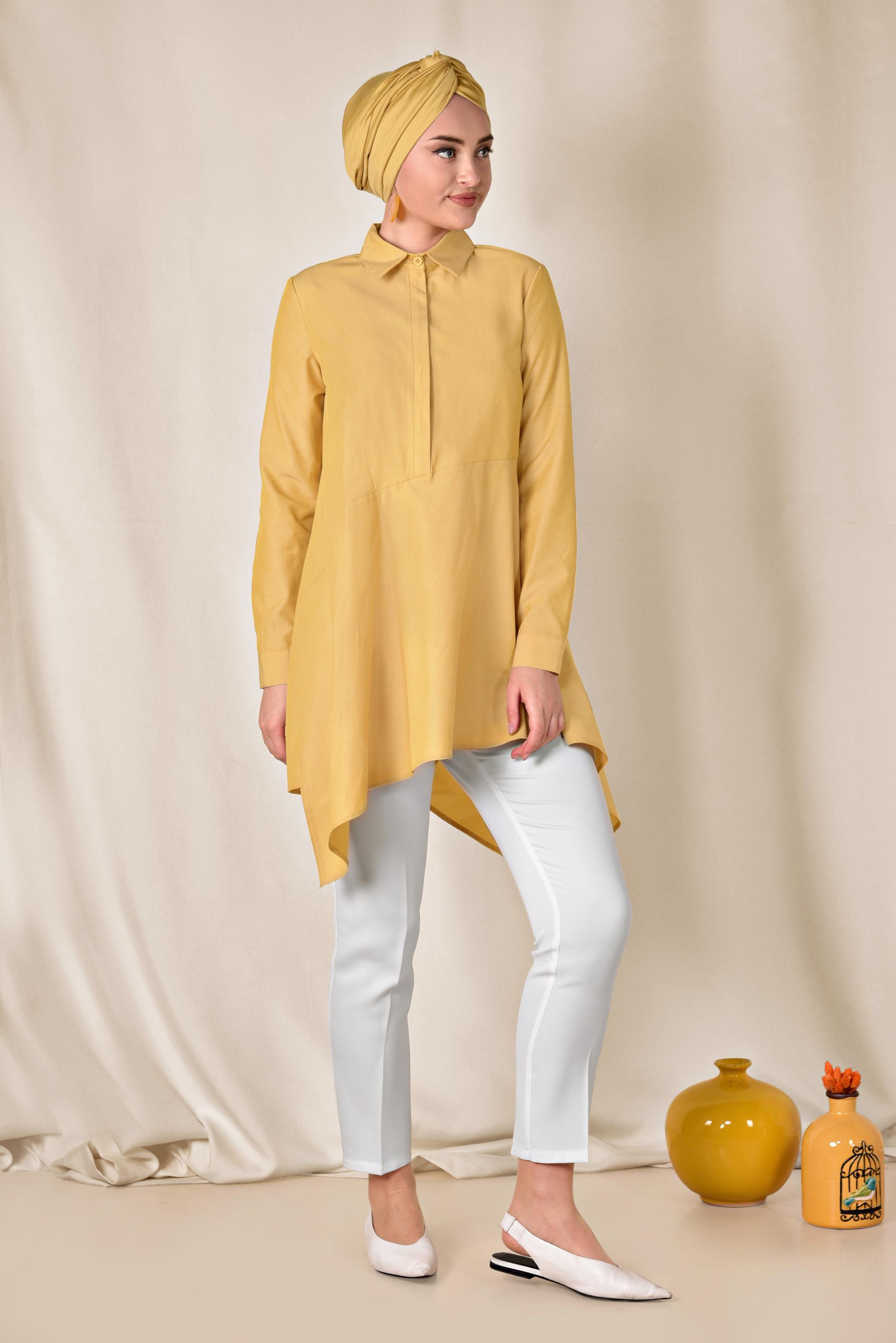 Tesettür giyim SARI ASİMETRİK KESİM TUNİK 4008
