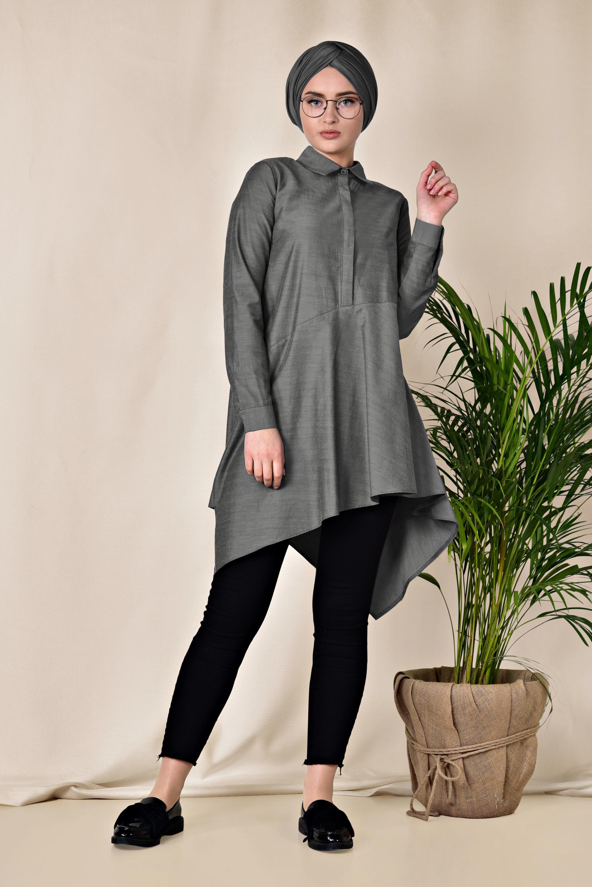 Tesettür giyim GRİ ASİMETRİK KESİM TUNİK 4008