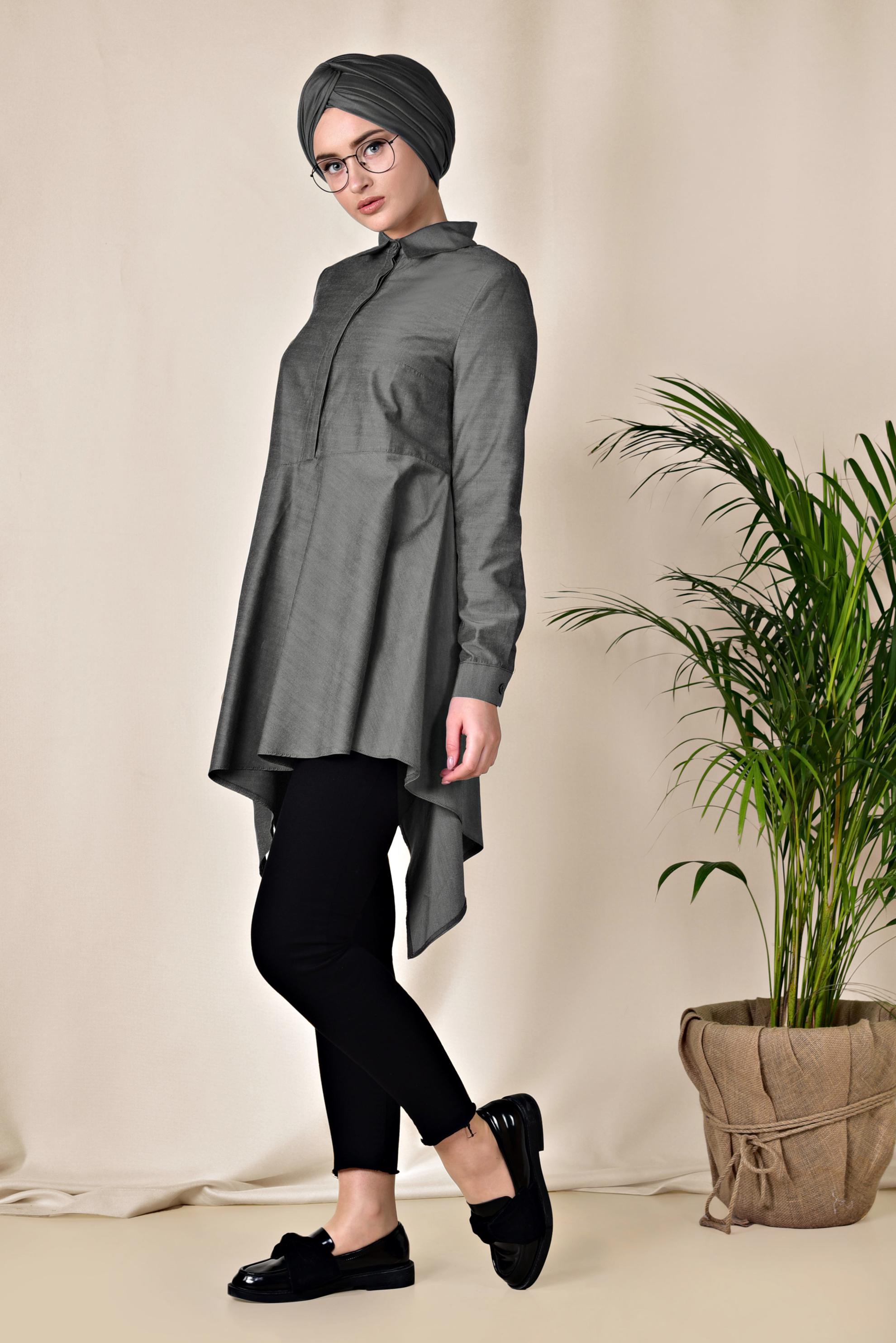 Tesettür giyim GRİ ASİMETRİK KESİM TUNİK 4008