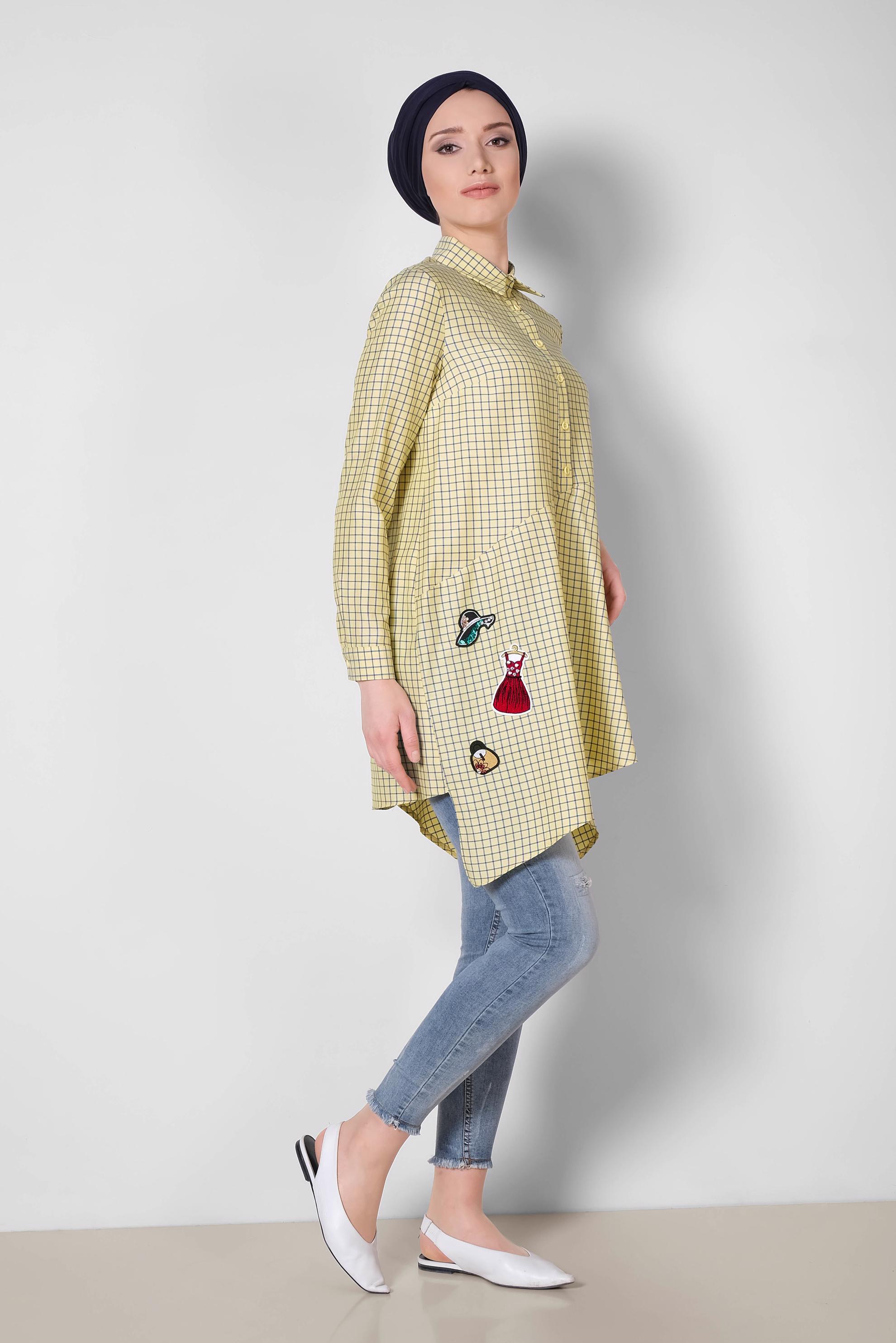 Tesettür giyim SARI ARMA DETAYLI KARELİ TUNİK 4011